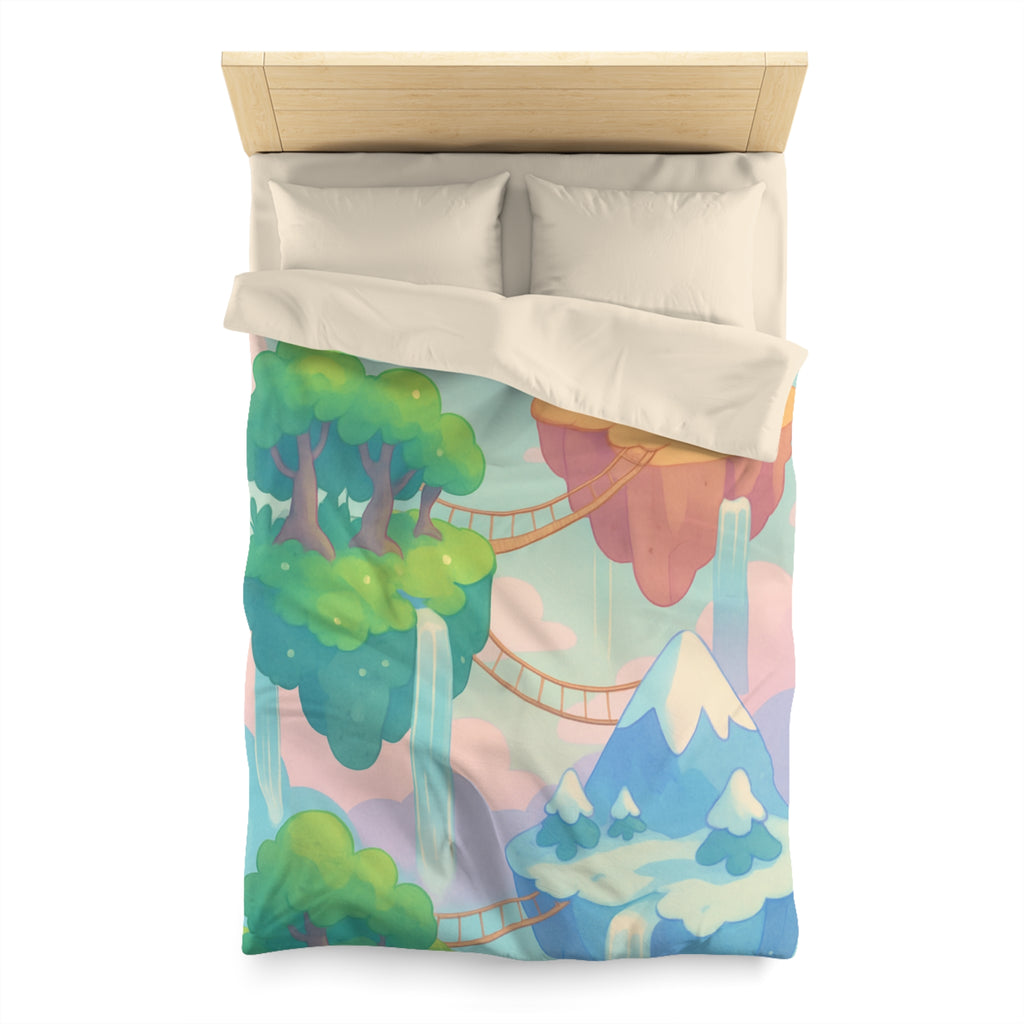 Housse de couette rêveuse avec montgolfière et îles flottantes féeriques en pastel