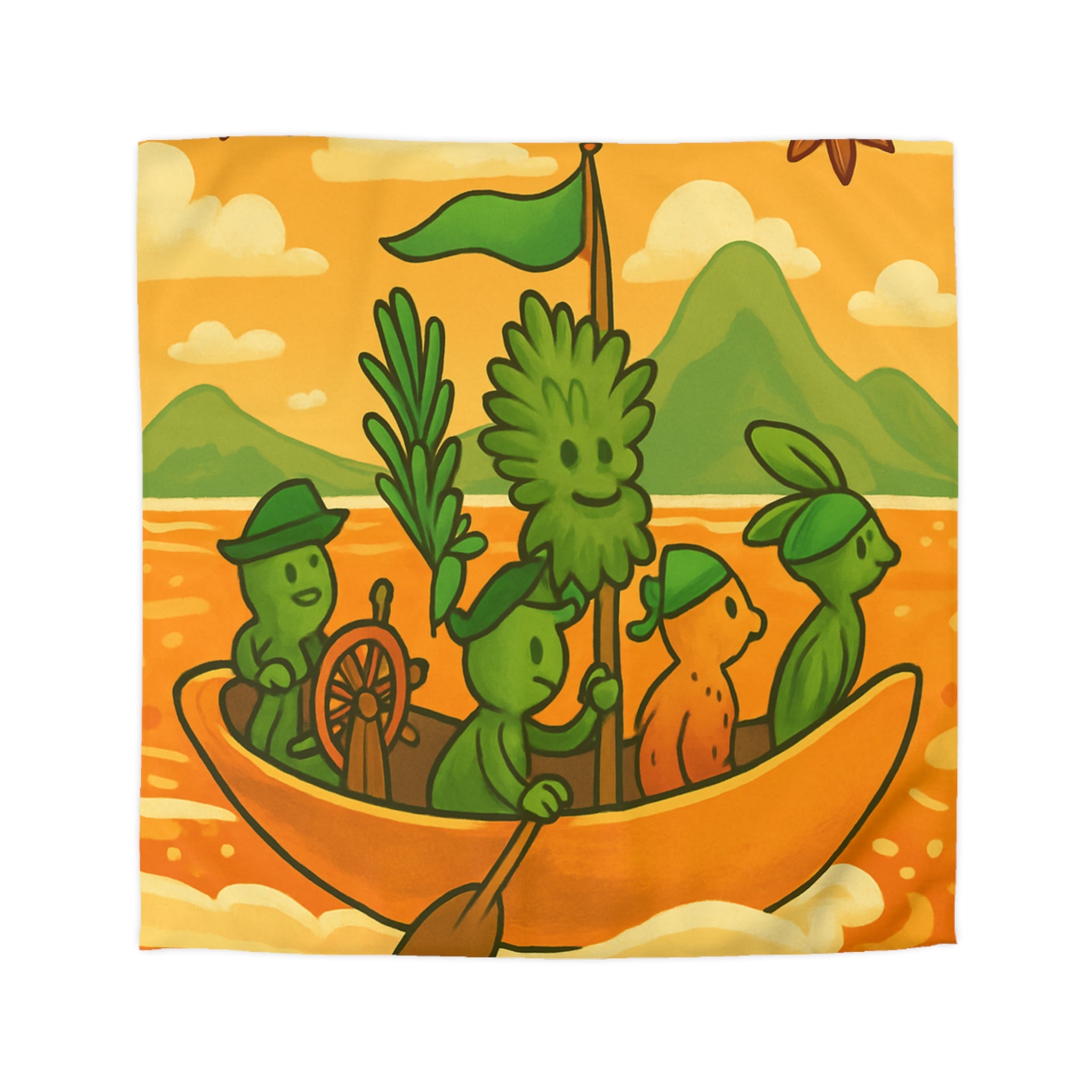 Housse de couette originale avec personnages verts naviguant sur mer orangée ludique