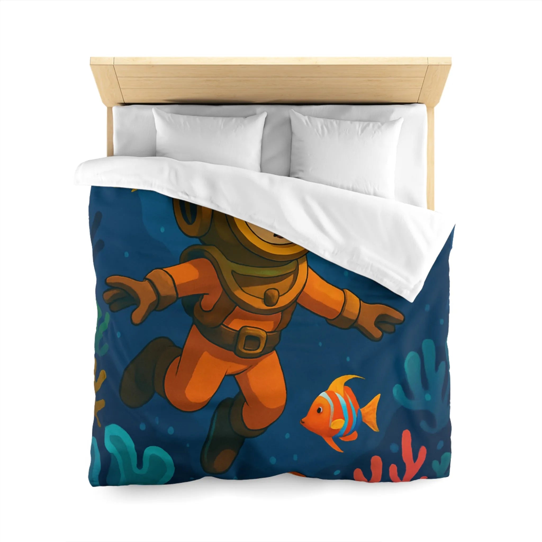 Housse de couette colorée enfant : plongeur sous-marin, poissons tropicaux et épave mystérieuse