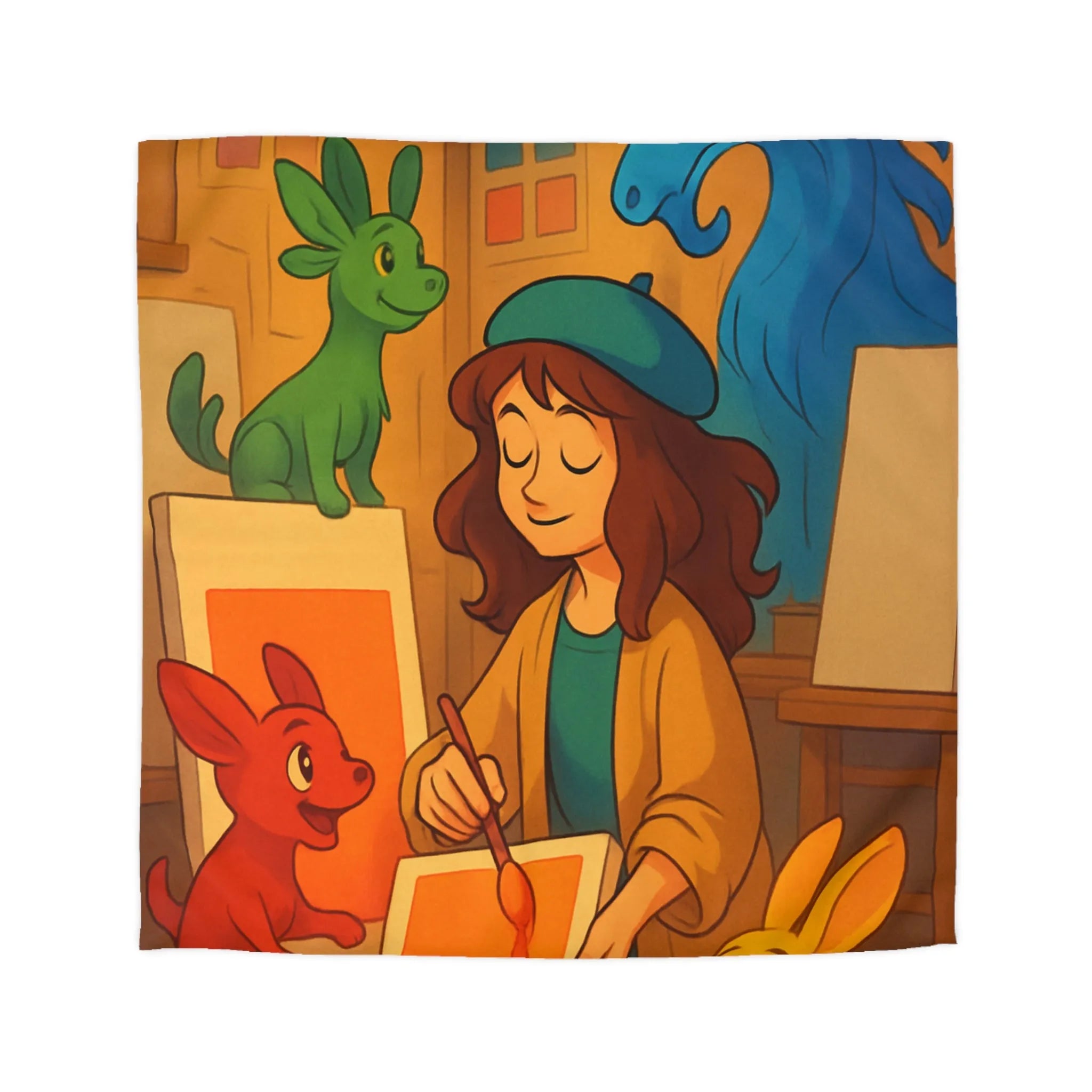 Housse de couette colorée avec artiste et animaux en studio d'art lumineux