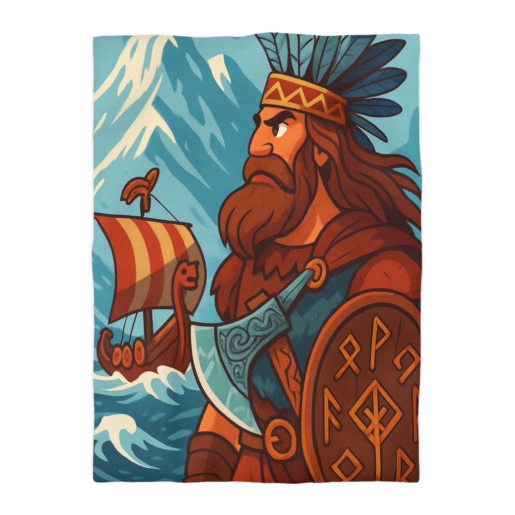 Housse de couette viking avec guerrier, montagne, navire, mer, motifs runiques