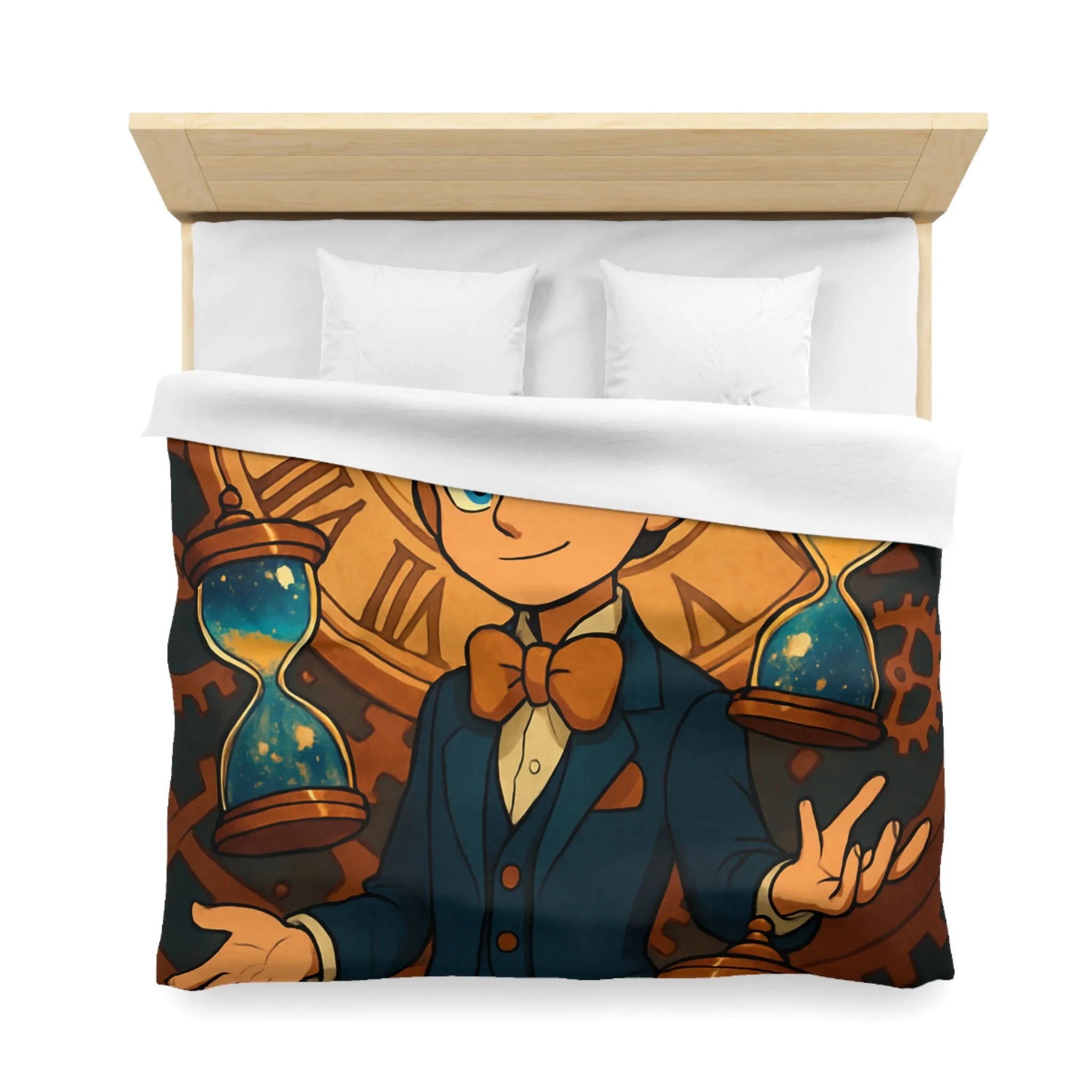 Élégante housse de couette thème horloger avec personnage stylisé et sabliers dorés