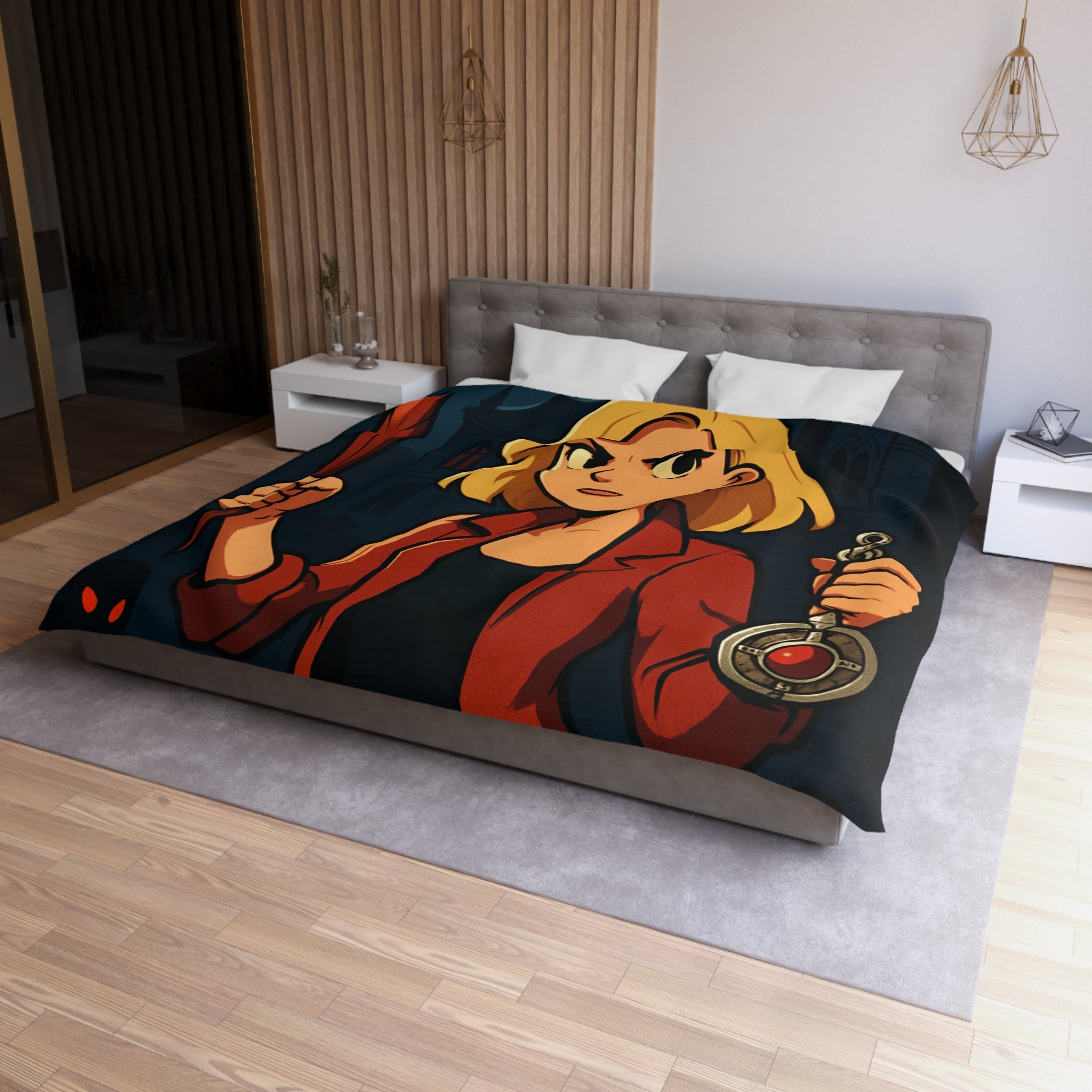 Housse de couette mystérieuse avec scène de château effrayant, pleine lune et silhouette combattive