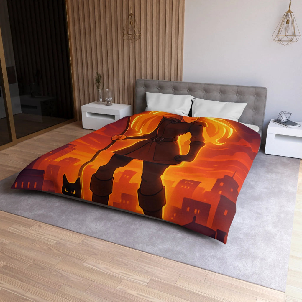 Housse de Couette Fantaisie Aventureuse Avec Guerrière et Chat Noir Sur Fond Urbain