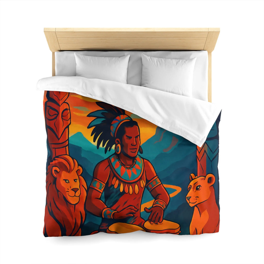 Housse de couette exotique avec musicien, tambours et totems en ambiance chaleureuse