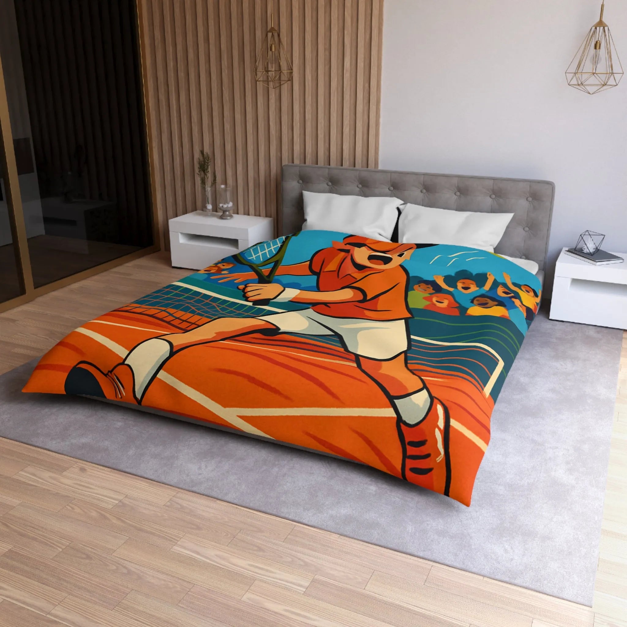 Dessin Animé Joueur de Tennis Dynamique en Action sur Court avec Public Enthousiaste