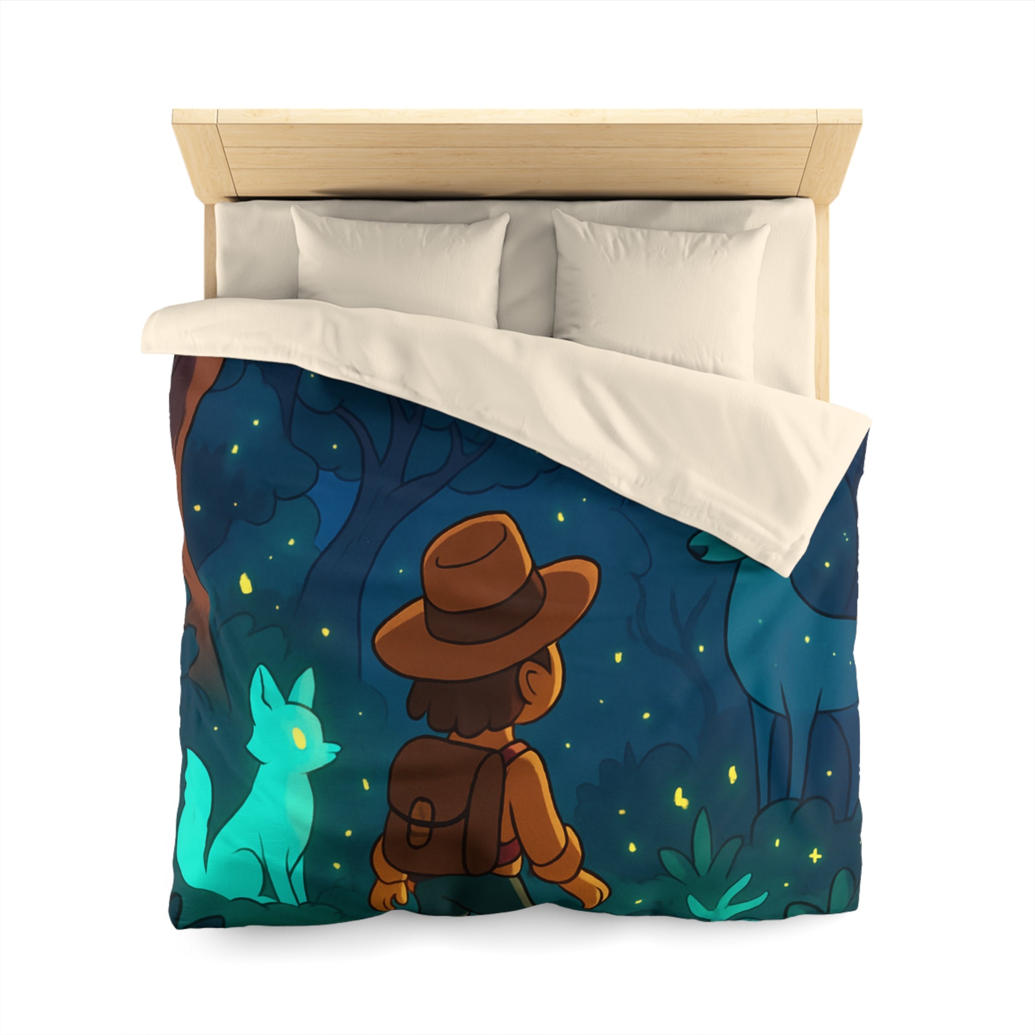 Housse de couette paysage nocturne avec renard et cerf mystiques sous la lune