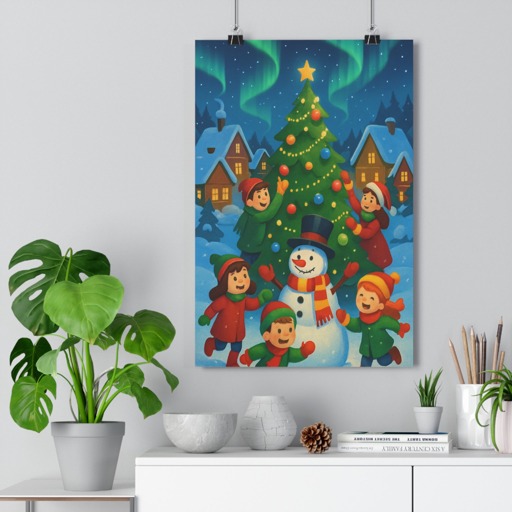 Poster décoratif joyeux enfants hiver neige sapin étoile couleurs chaudes chambre salon maison ambiance