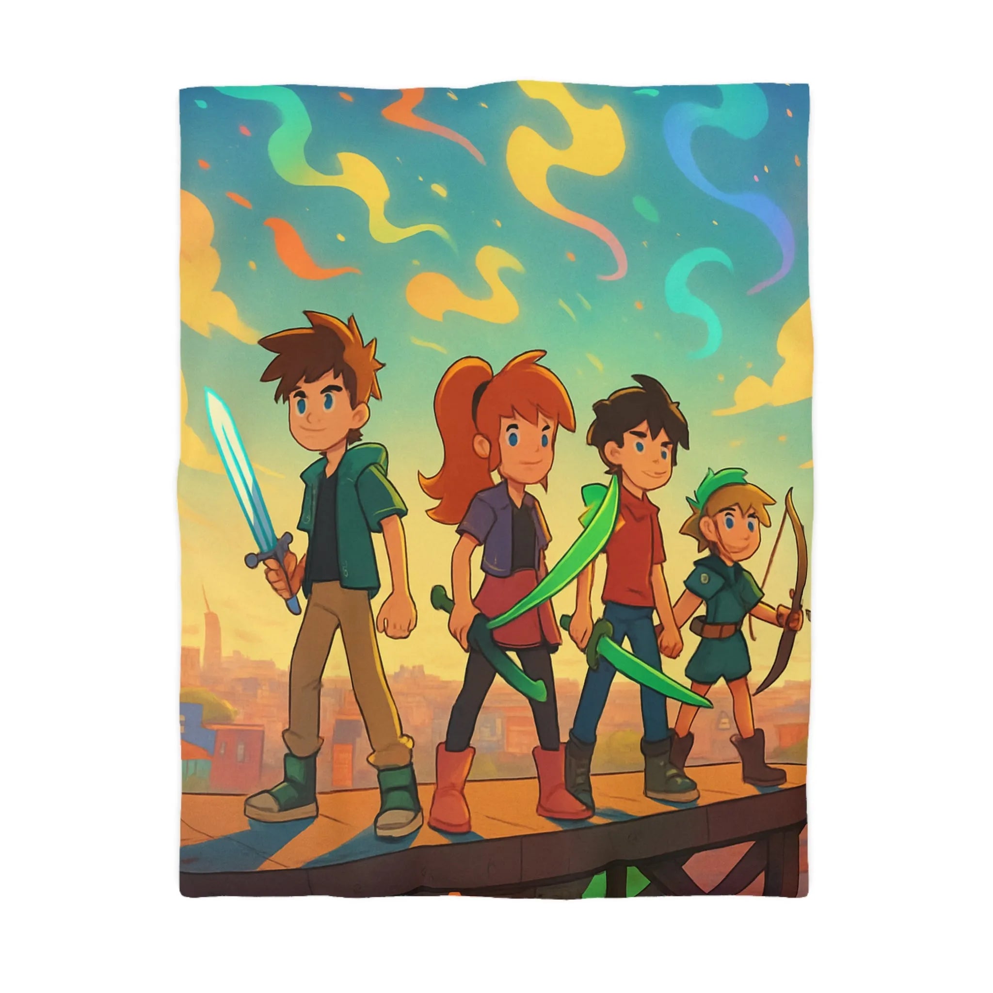 Housse de couette colorée avec quatre héros et ciel étoilé multicolore