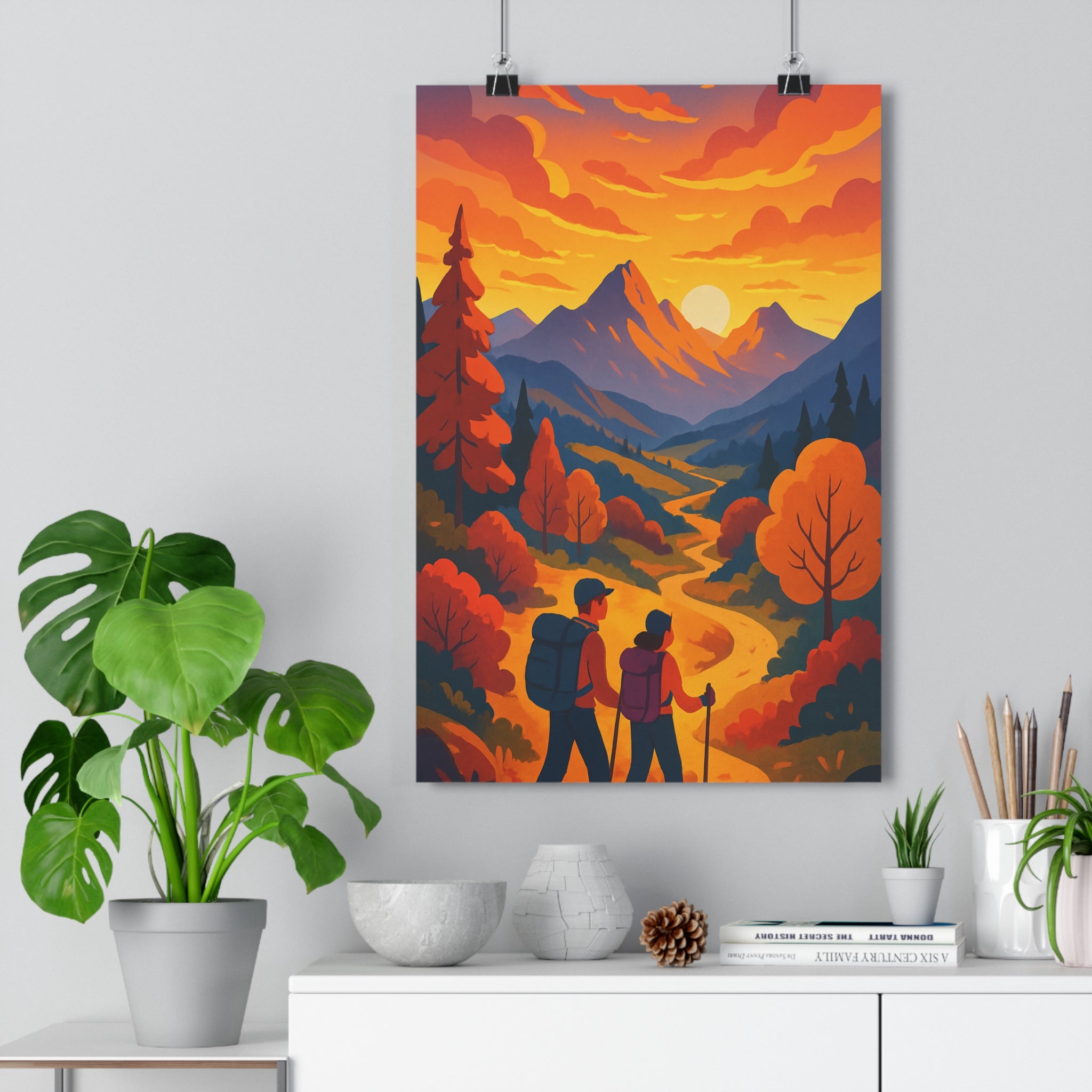 Poster décoratif montagne coucher soleil orange rose cartoon aventure salon chambre bureau tendance qualité