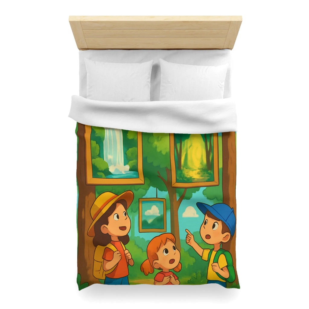 Housse de couette enfantine avec scène de forêt, cascades et exploration nature féérique
