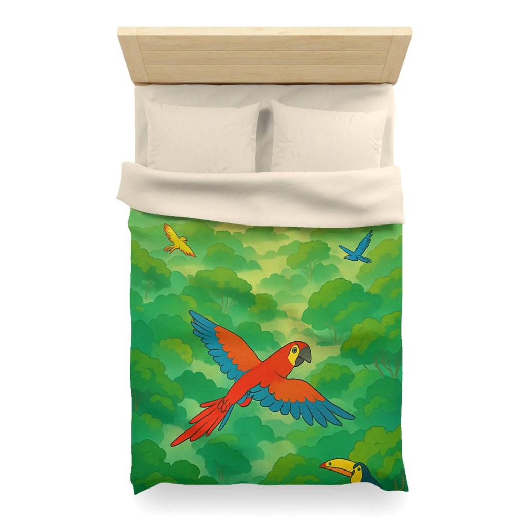Housse de Couette Colorée Tropicale avec Perroquets et Paysage de Forêt Exotique