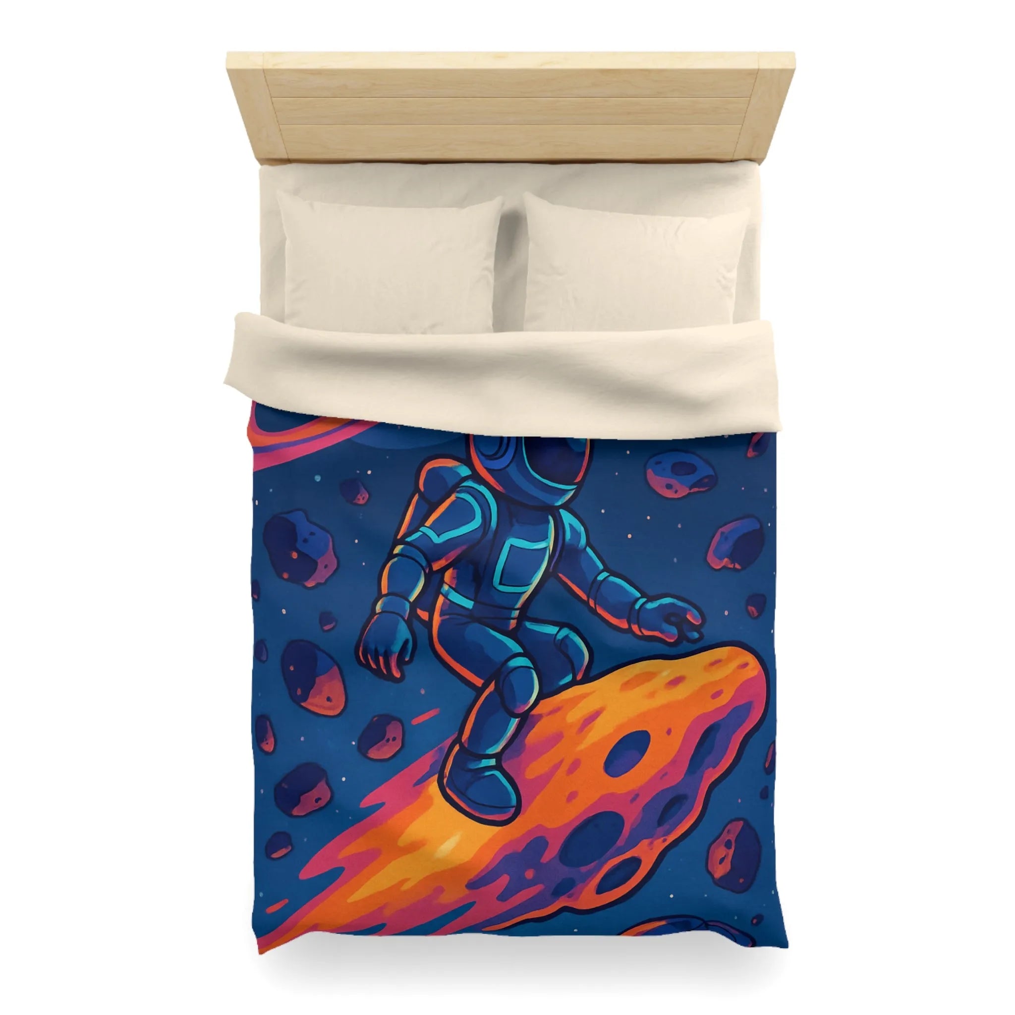 Aventure spatiale colorée avec astronaute sur météore, planète anneau et vaisseaux futuristes