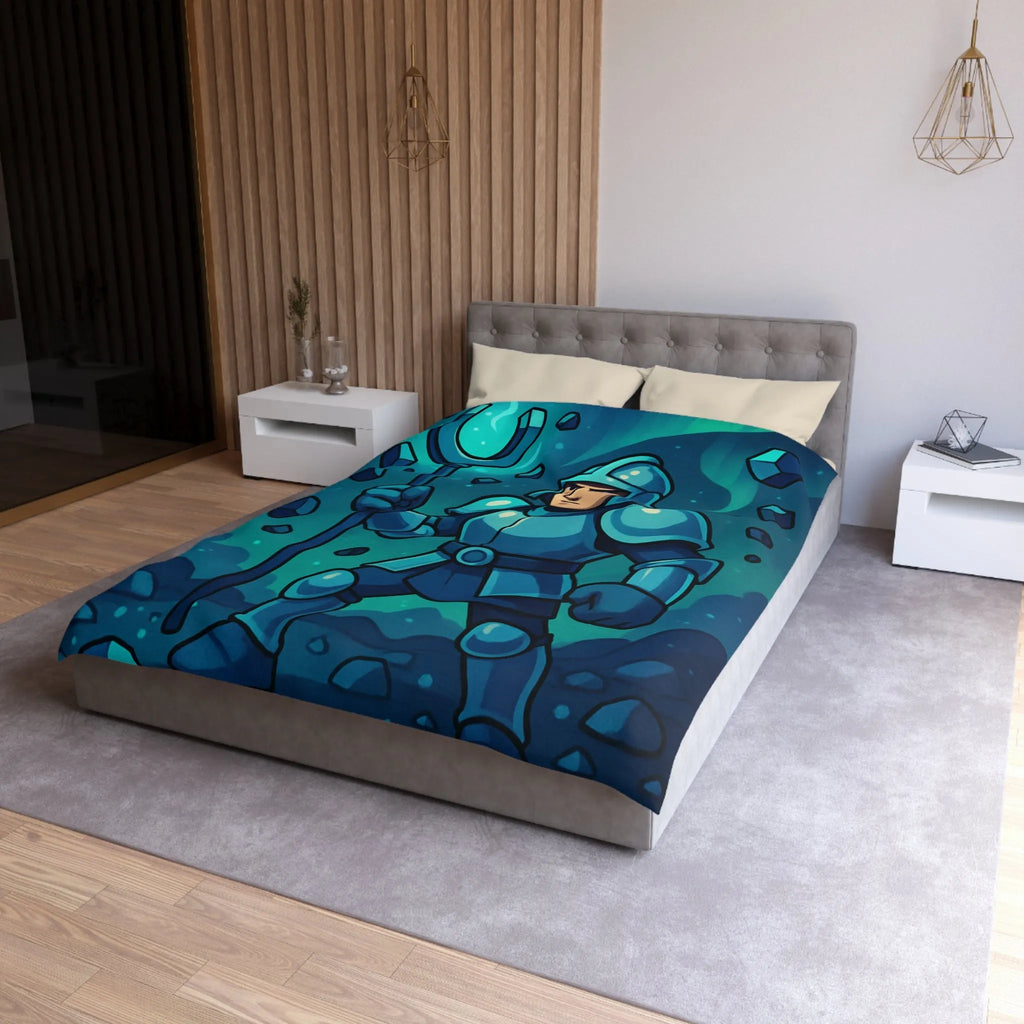 Housse de couette chevalier bleu avec sceptre magique et pierres précieuses sur fond nocturne