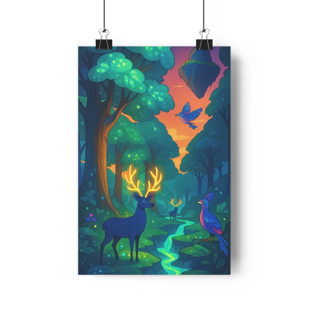 Poster décoratif paysage fantastique pastel lumineux forêt cerf crépuscule magique salon chambre apaisant qualité