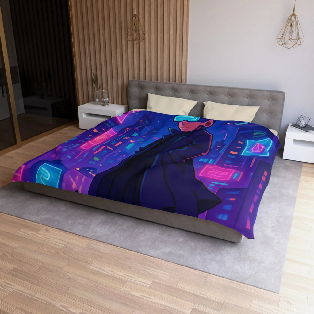 Housse de couette en néon futuriste avec personnage mystérieux et skyline cyberpunk