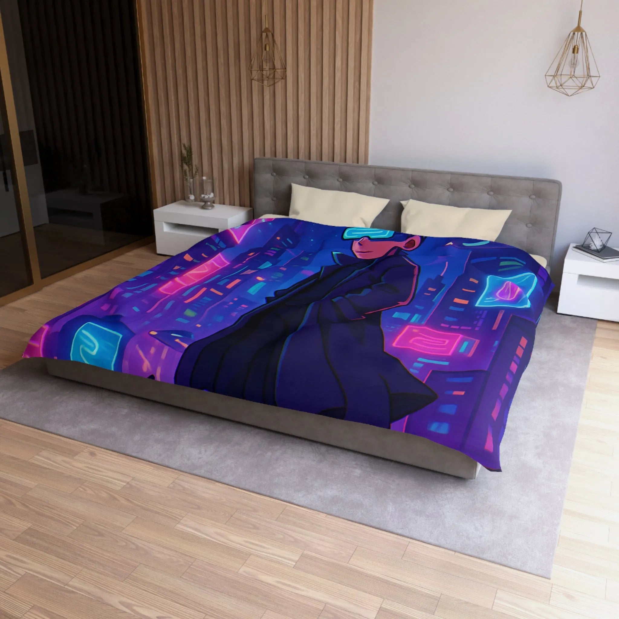 Housse de couette en néon futuriste avec personnage mystérieux et skyline cyberpunk