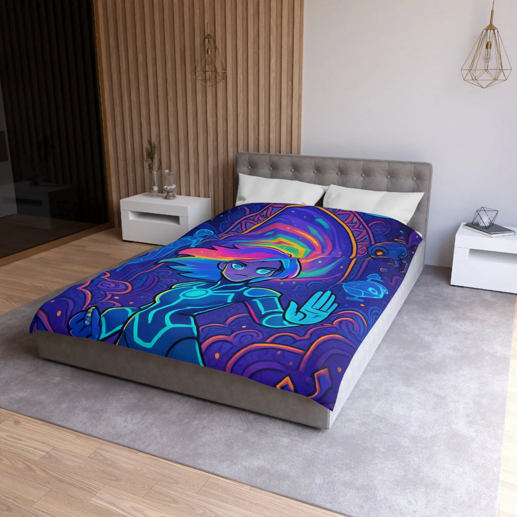 Housse de couette futuriste avec design néon multicolore et personnage dynamique