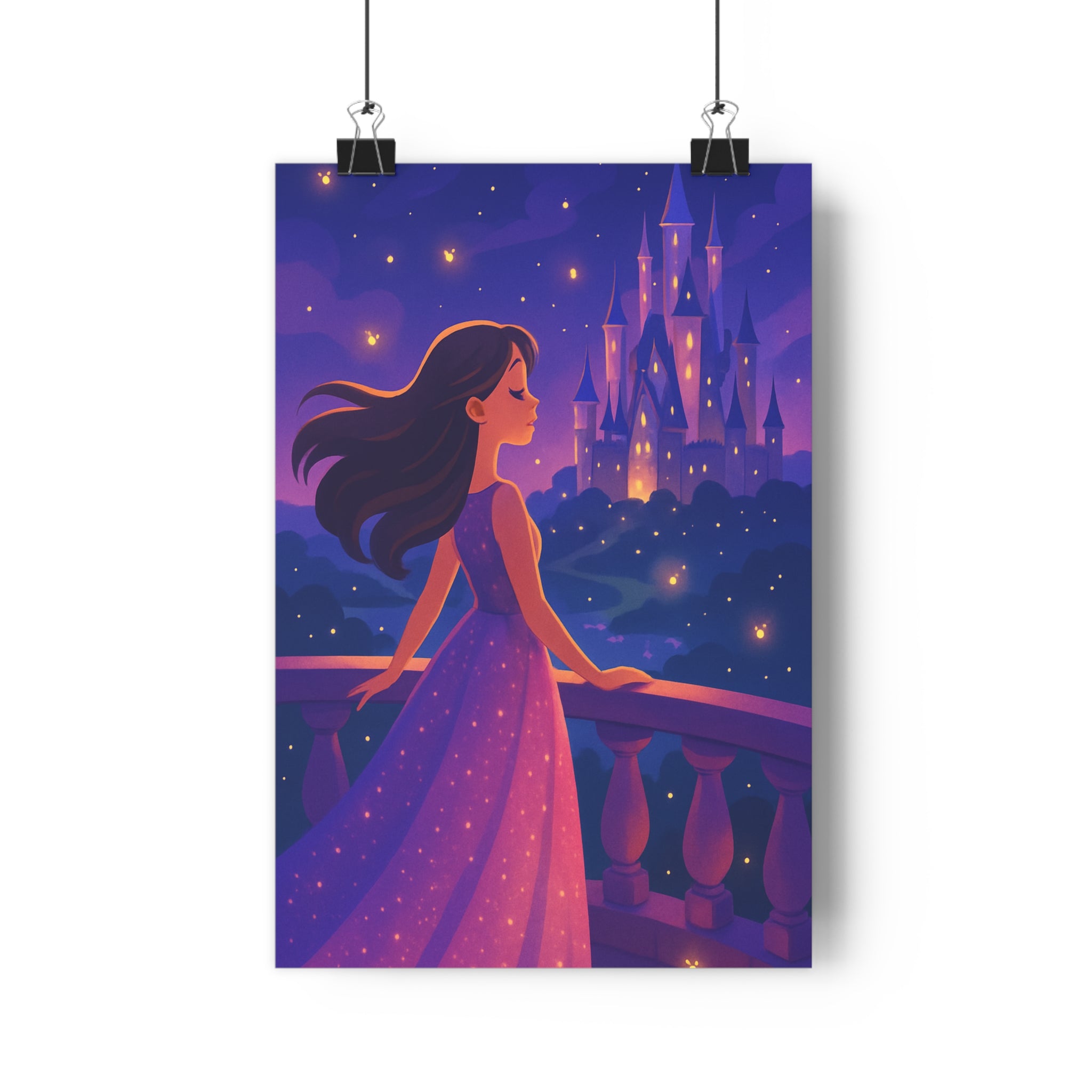 Poster décoratif cartoon violet bleu féerique chambre enfant princesse château lumineux majestueux enchanté balcon