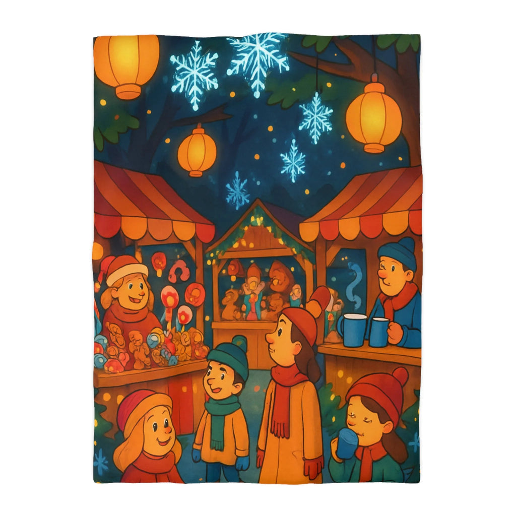 Housse de Couette Enfantine avec Scène Festive de Marché de Noël Illuminé et Joyeux