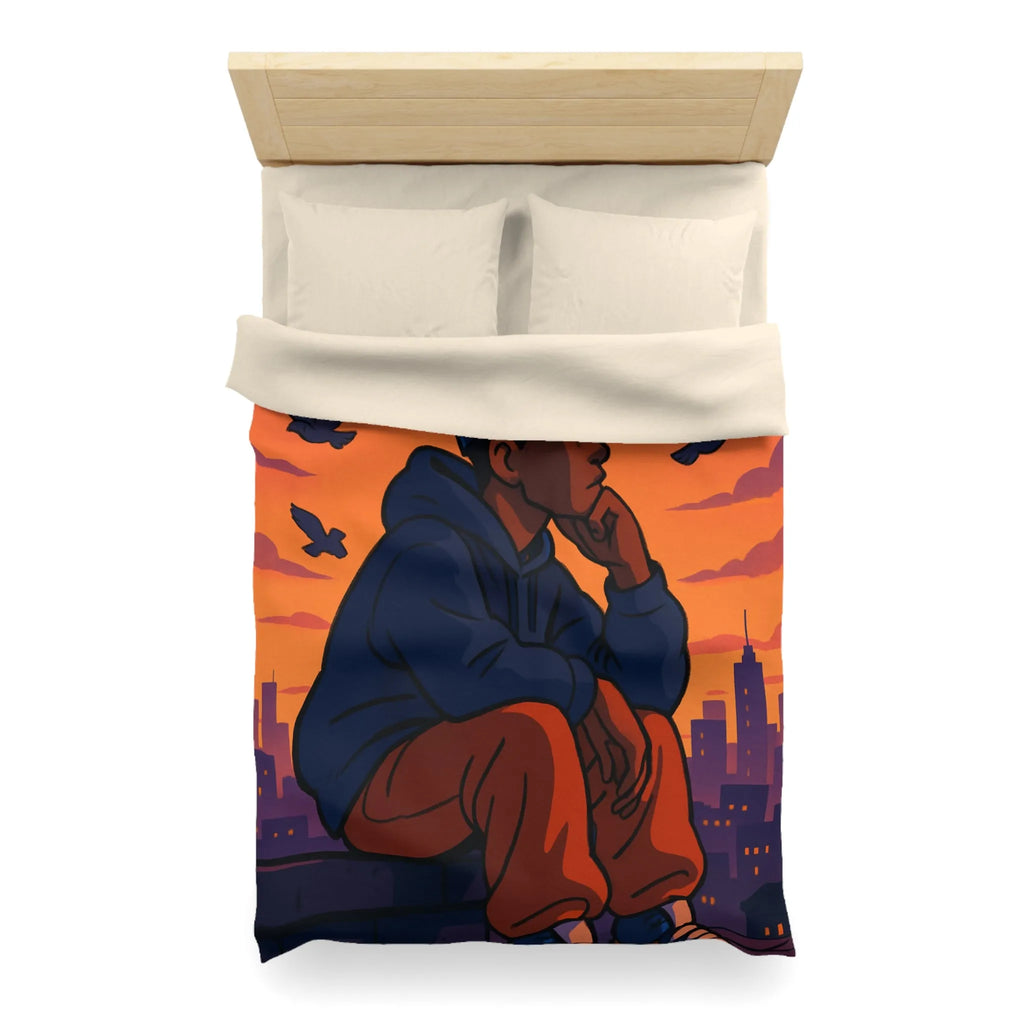 Housse de couette au design urbain moderne avec ciel crépusculaire et silhouette pensive