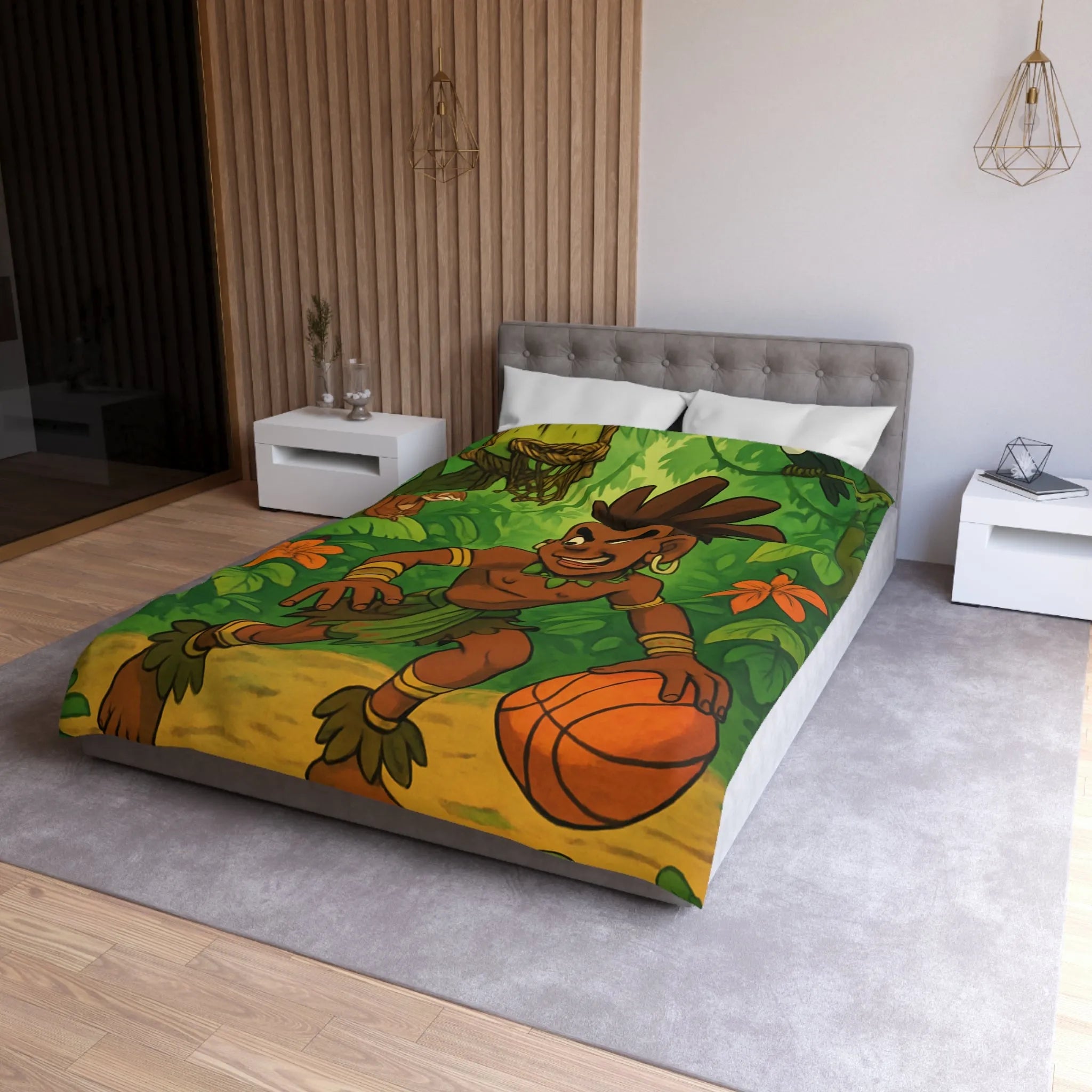 Housse de couette jungle avec garçon joueur de basket et animaux exotiques colorés