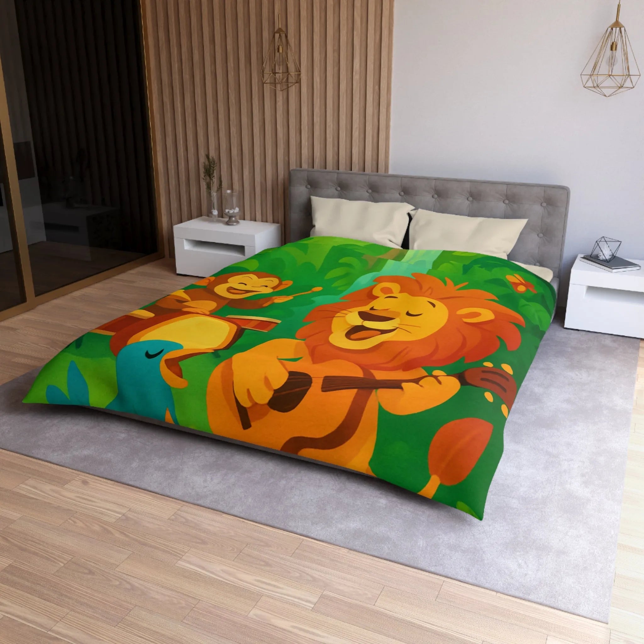 Housse de couette jungle colorée avec lion, singe, et oiseau musiciens joyeux