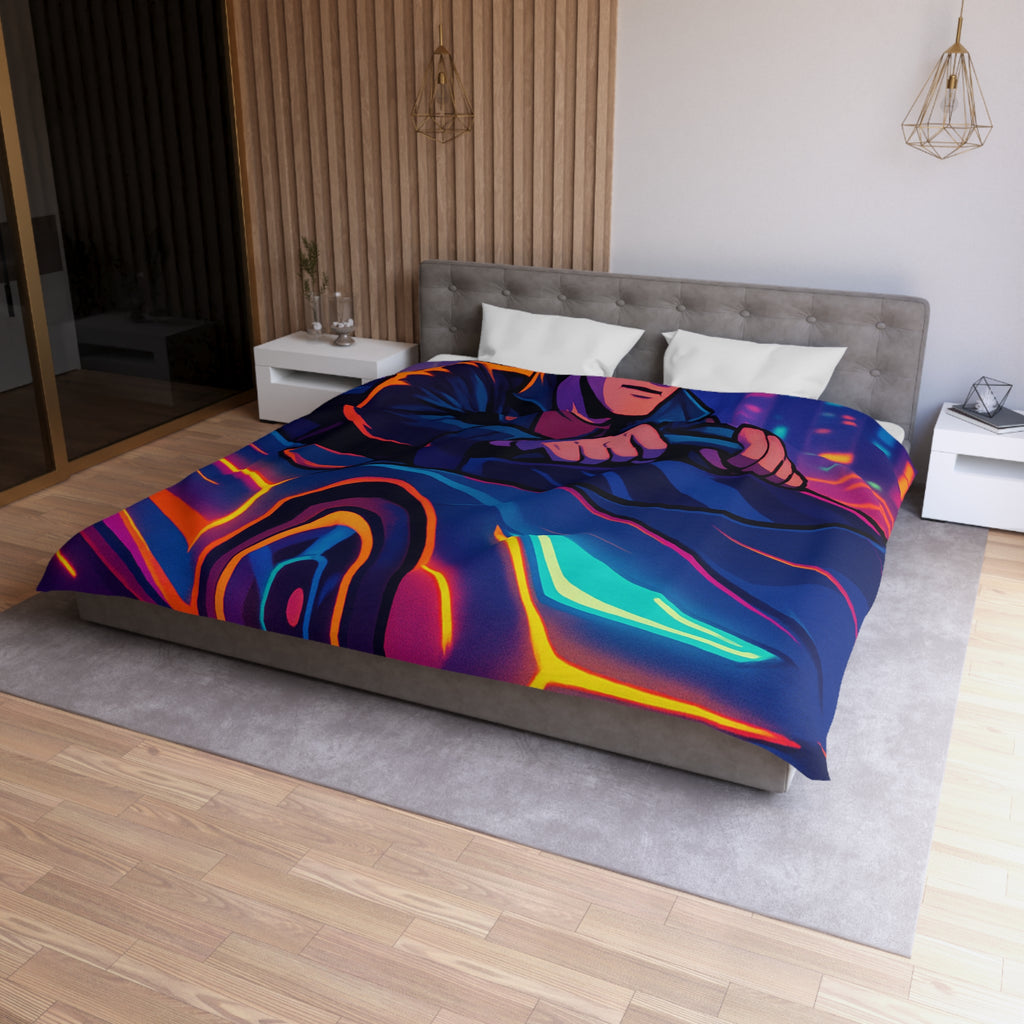 Housse de couette urbaine rétro futuriste avec néons et voiture sportive élégante