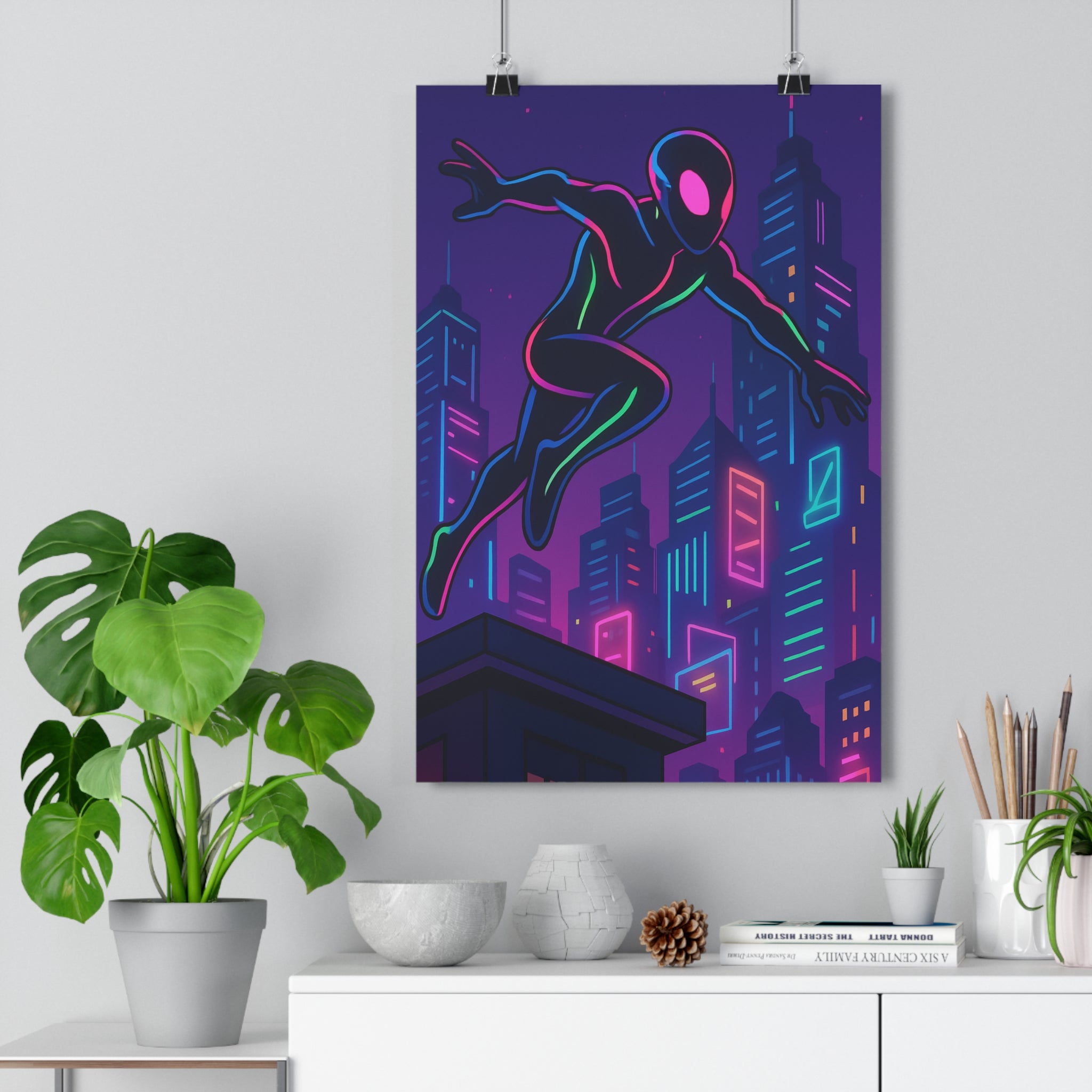 Poster décoratif cyberpunk néon rose bleu vert moderne énergique urbain silhouette chambre salon 30x46