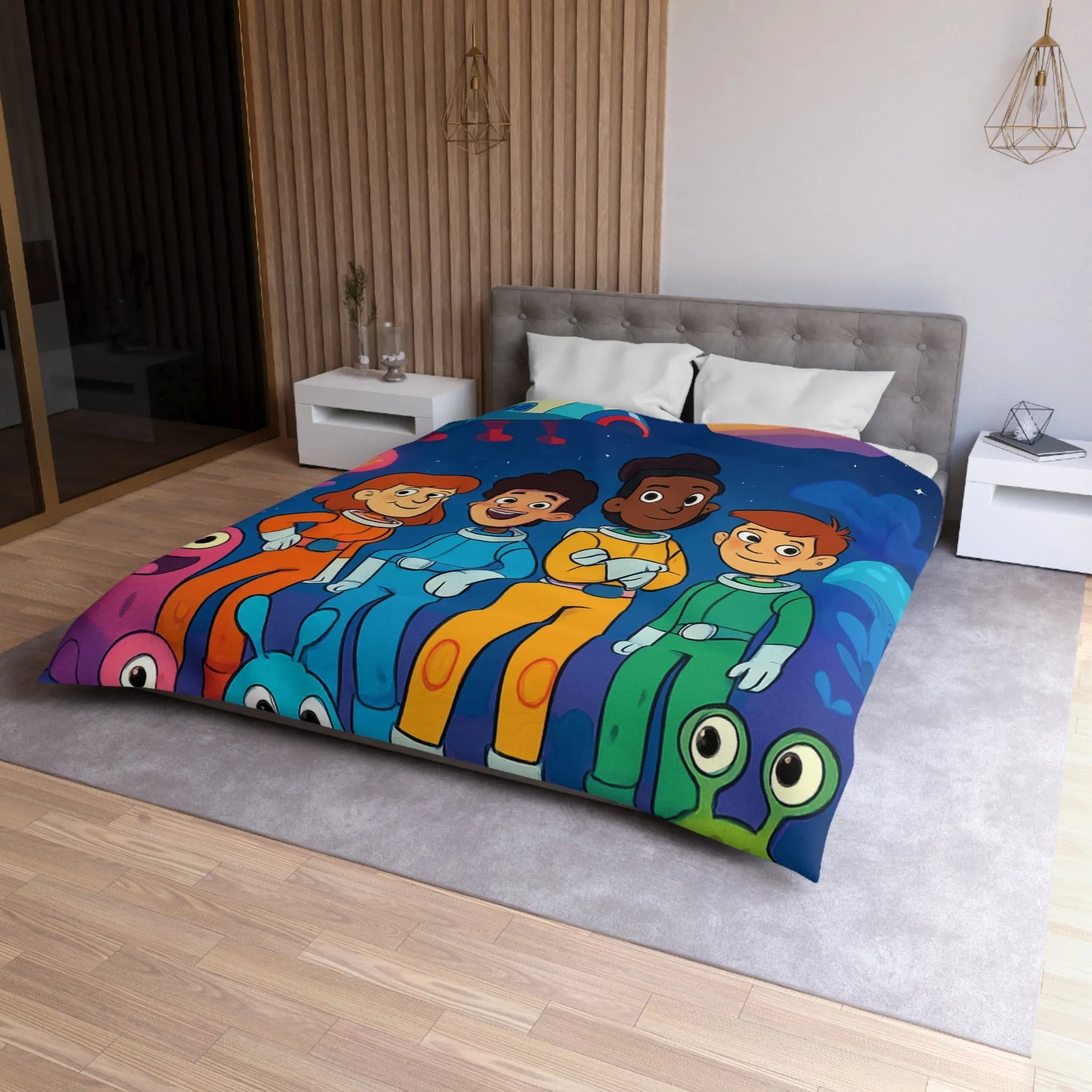 Housse de couette enfant astronaute avec planète, fusée et créatures extraterrestres colorées