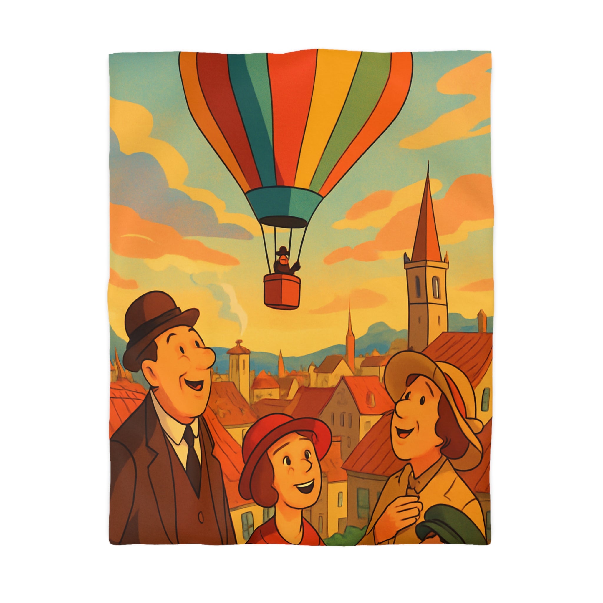 Housse de couette vintage avec montgolfière colorée et paysage urbain animé