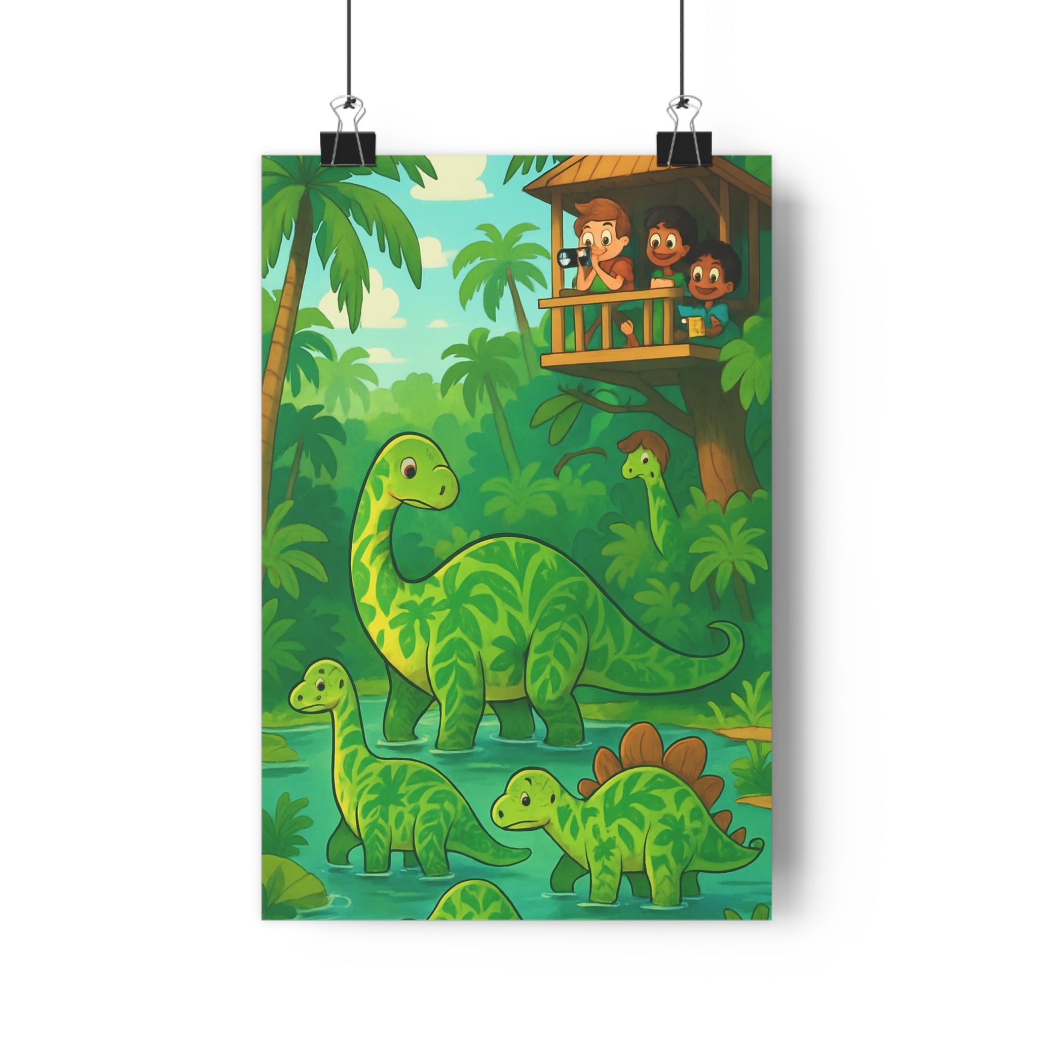 Poster décoratif cartoon vert jaune aventure enfants chambre joyeux nature artistique mural illustration paysage