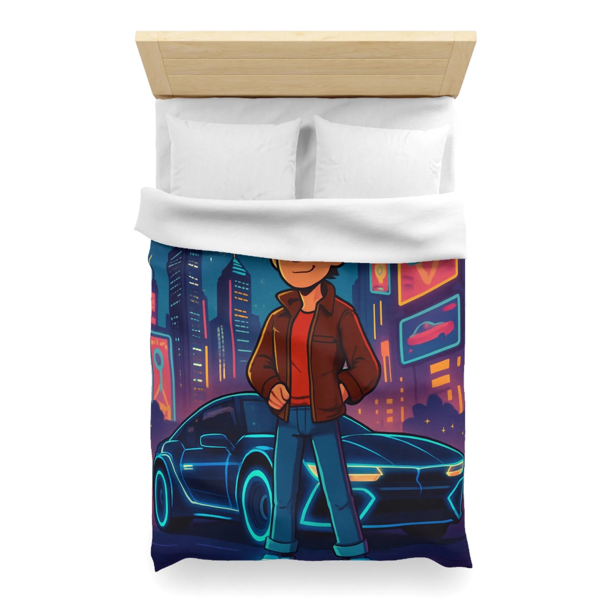Housse de Couette Future Enfant Ville Nocturne Néons Jeune Garçon et Voiture