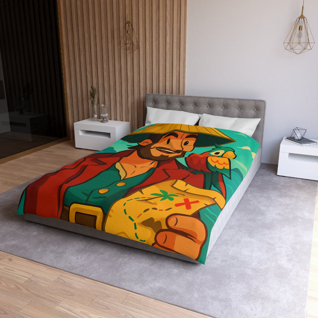 Housse de couette pirate aventurier avec perroquet coloré et carte au trésor illustrée