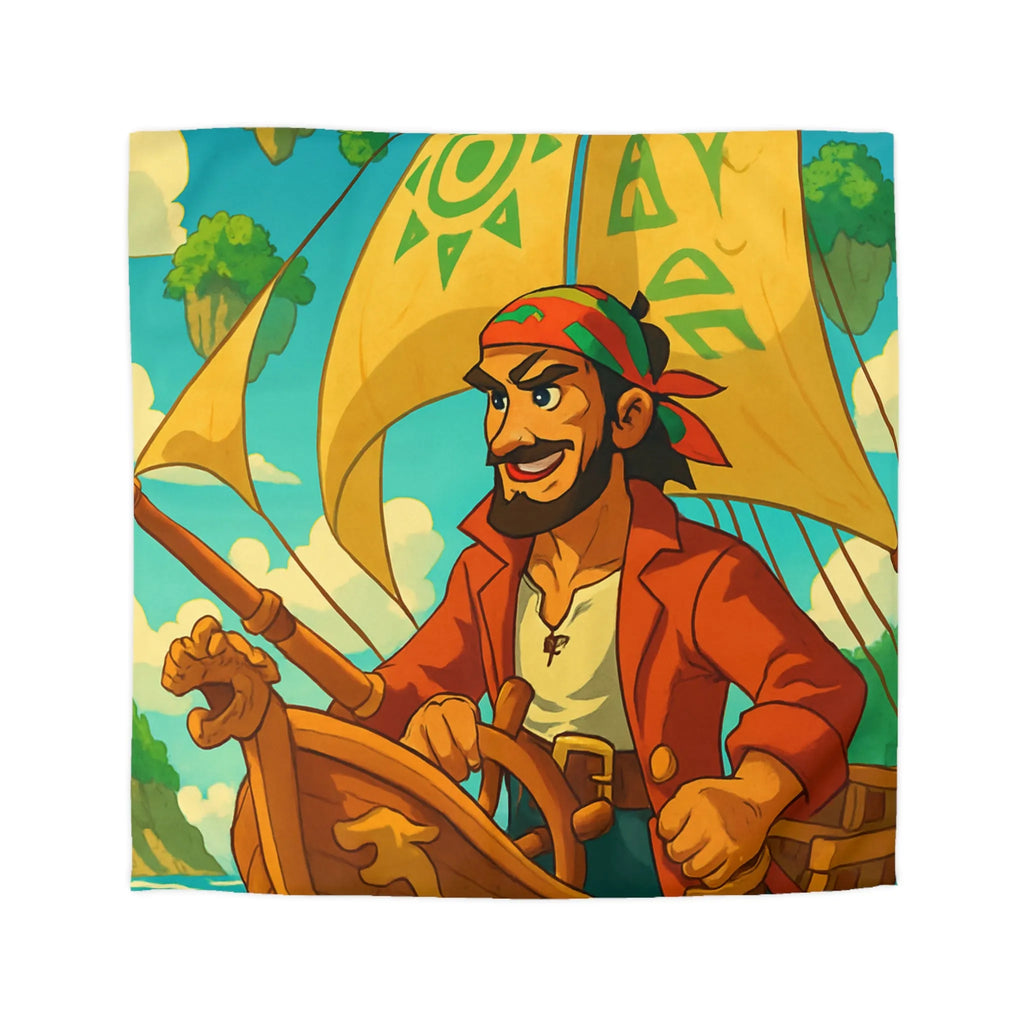 Housse de couette colorée avec pirate en bateau sur mer et îles flottantes