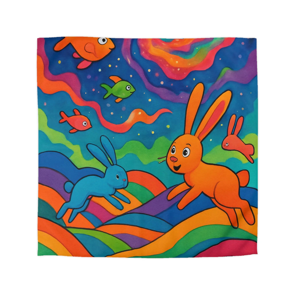 Housse de Couette Arc-en-Ciel avec Lapins et Poissons dans un Monde Imaginaire