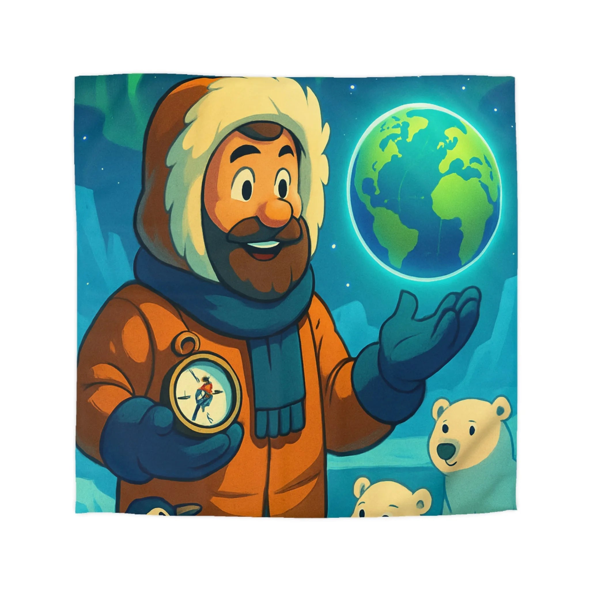 Housse de couette colorée avec explorateur polaire, aurore boréale, globe et animaux arctiques