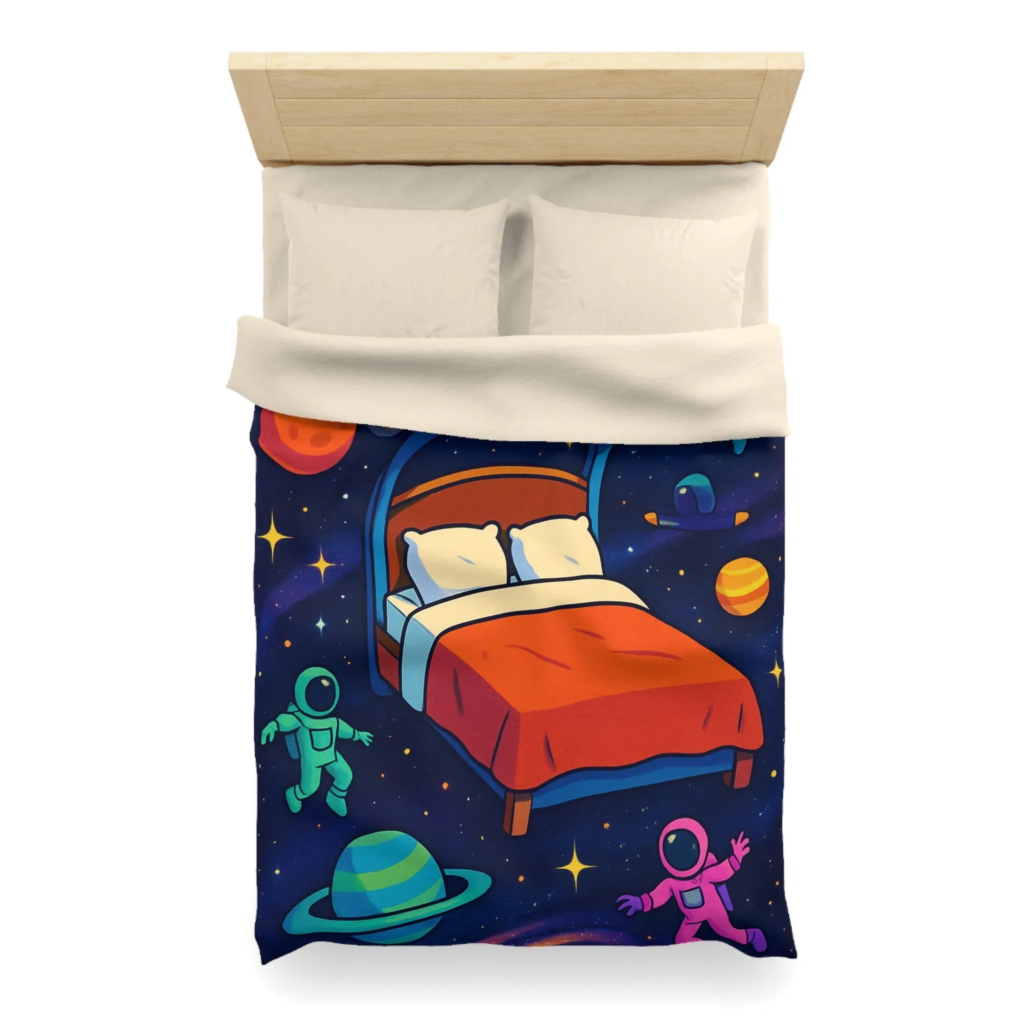 Housse de couette galaxies vibrantes avec astronautes flottants et planètes colorées pour enfants