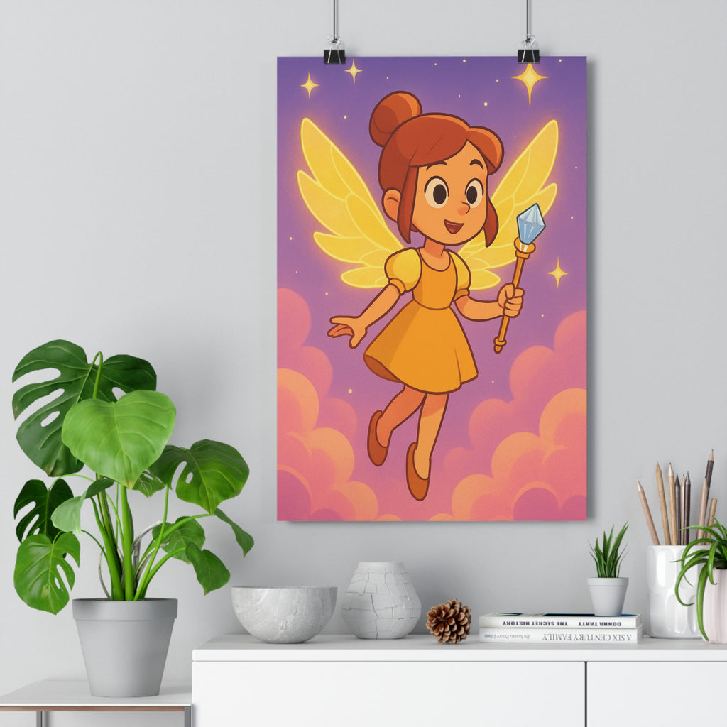 Poster décoratif magique fille ailes lumineuses jaune violet chambre créative enfant ciel étoilé 30x46