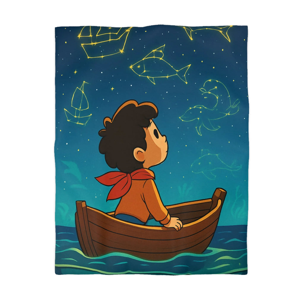 Enfant rêveur explorant les constellations marines lumineuses depuis un petit bateau paisible