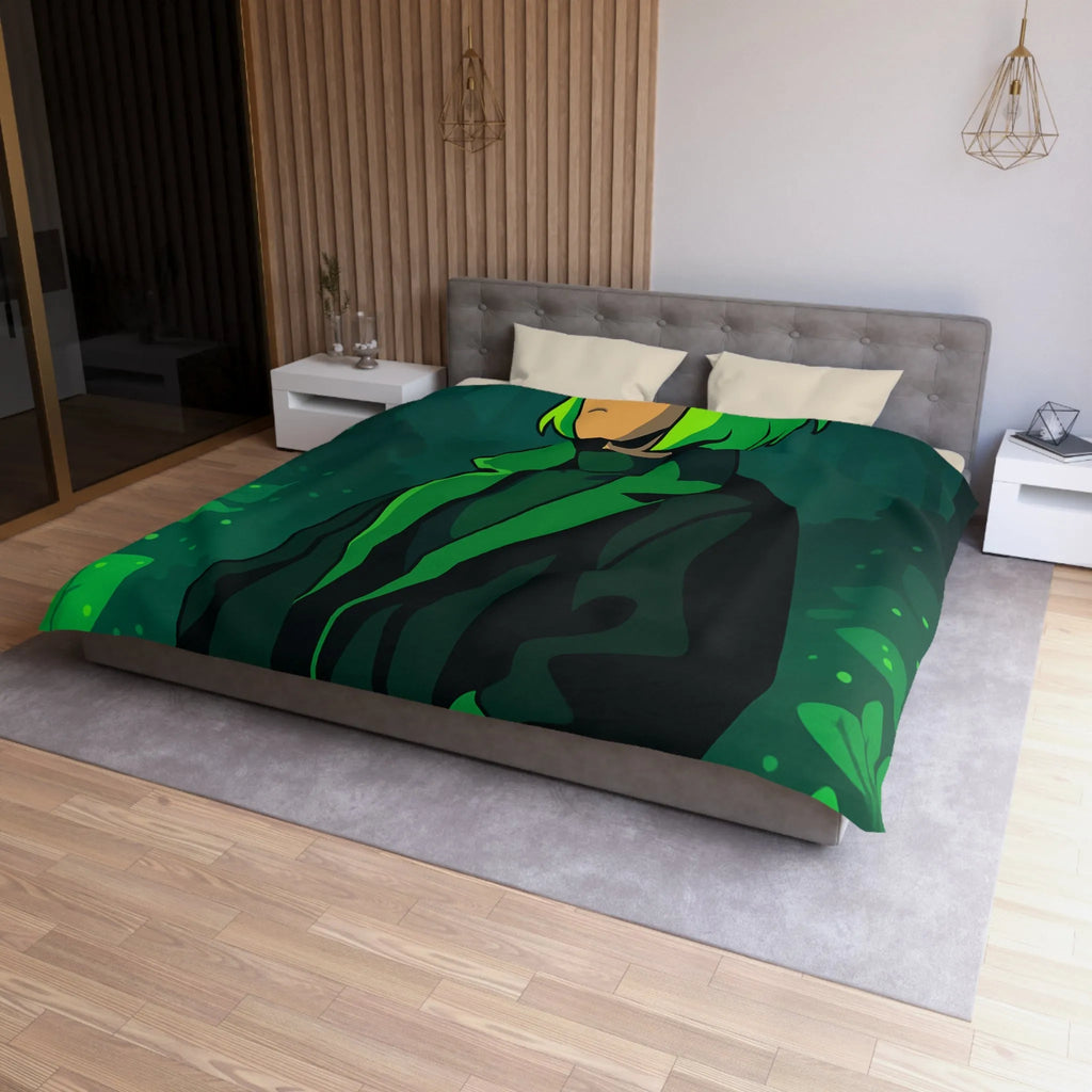 Housse de couette forêt graphique avec personnage mystérieux et nuances vertes élégantes