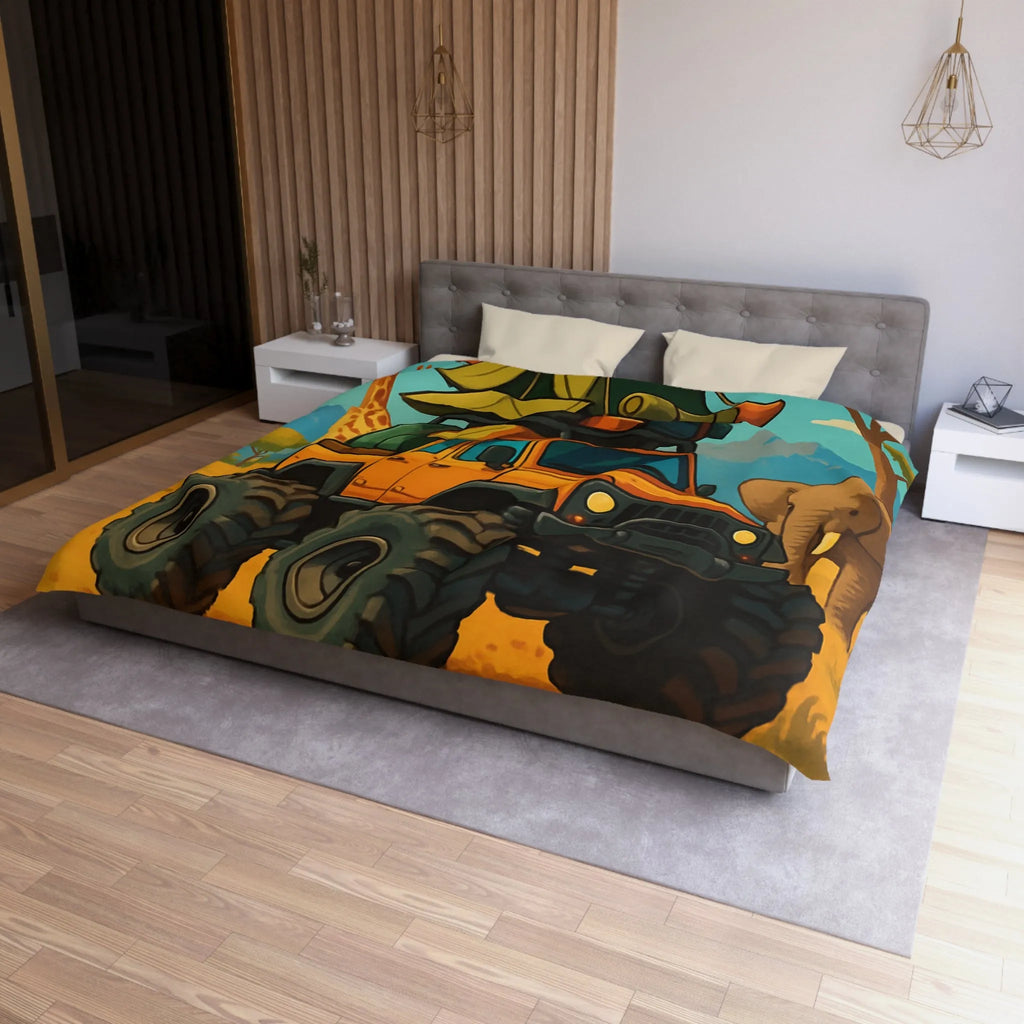 Housse de couette colorée avec véhicule tout-terrain et animaux dans la savane africaine