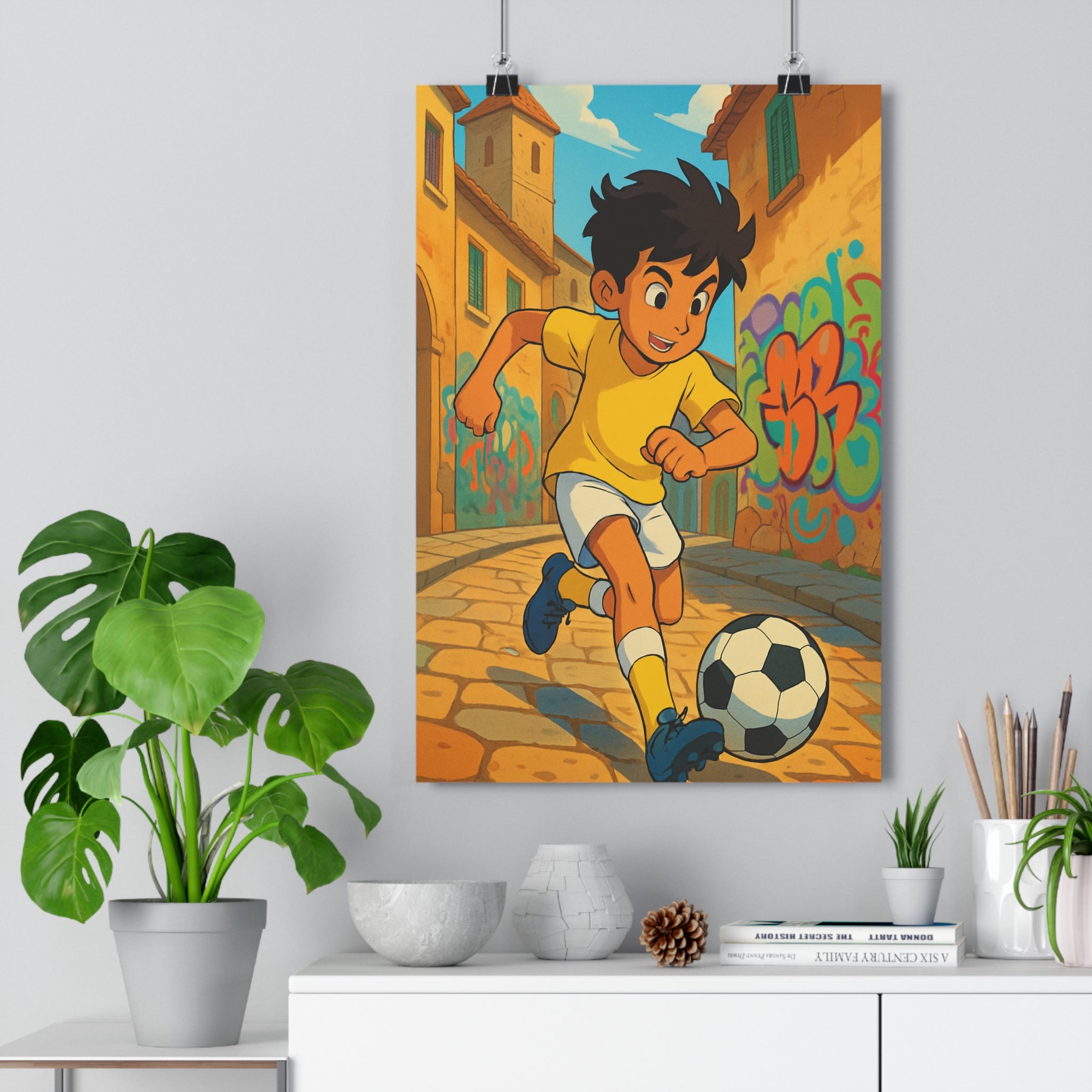 Poster décoratif enfant jaune bleu football urbain vibrant salon chambre joyeux dynamique moderne coloré