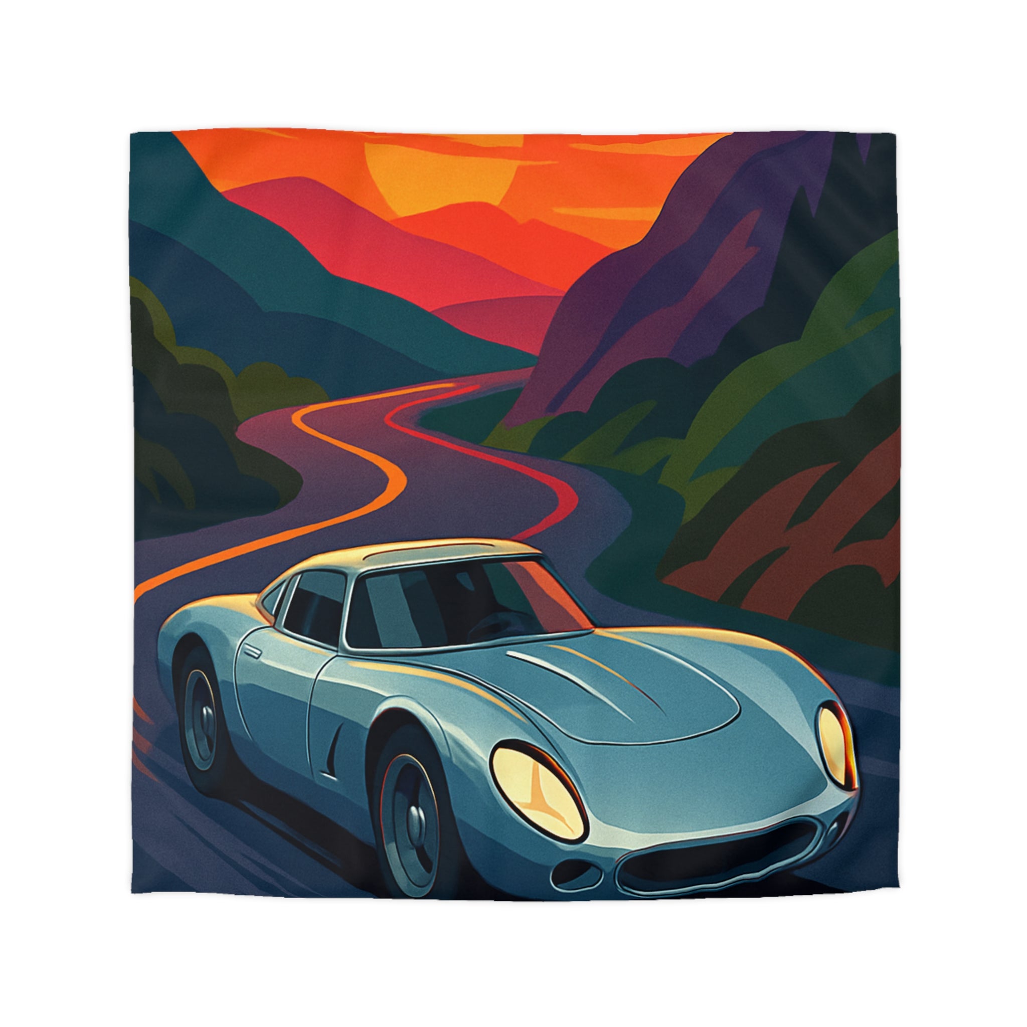 Housse de couette voiture sportive vintage sur route sinueuse au coucher de soleil vibrant