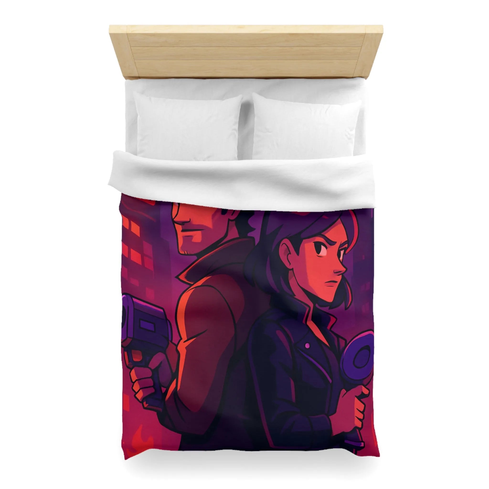 Housse de couette aventure urbaine avec duo de détectives dans néons lumineux