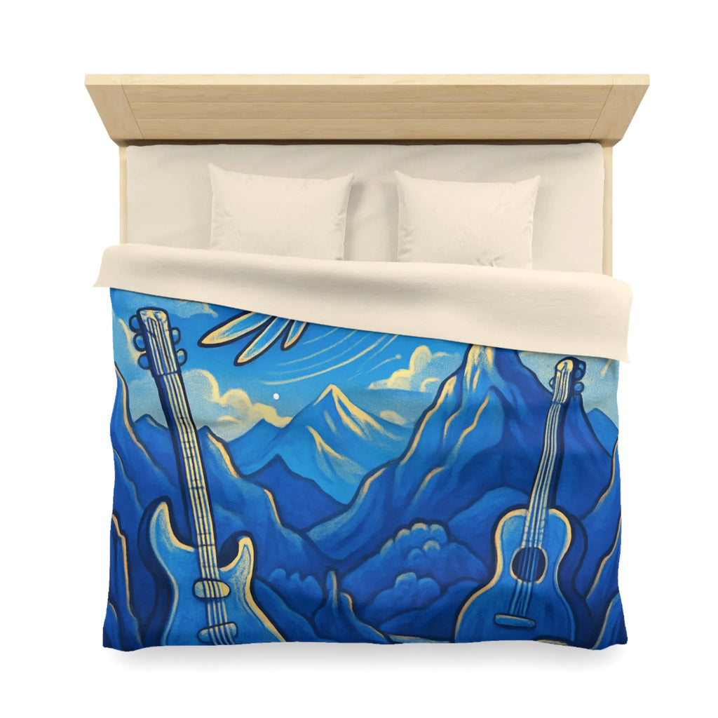 Housse de couette mélodieuse avec oiseau bleu et instruments de musique en montagne