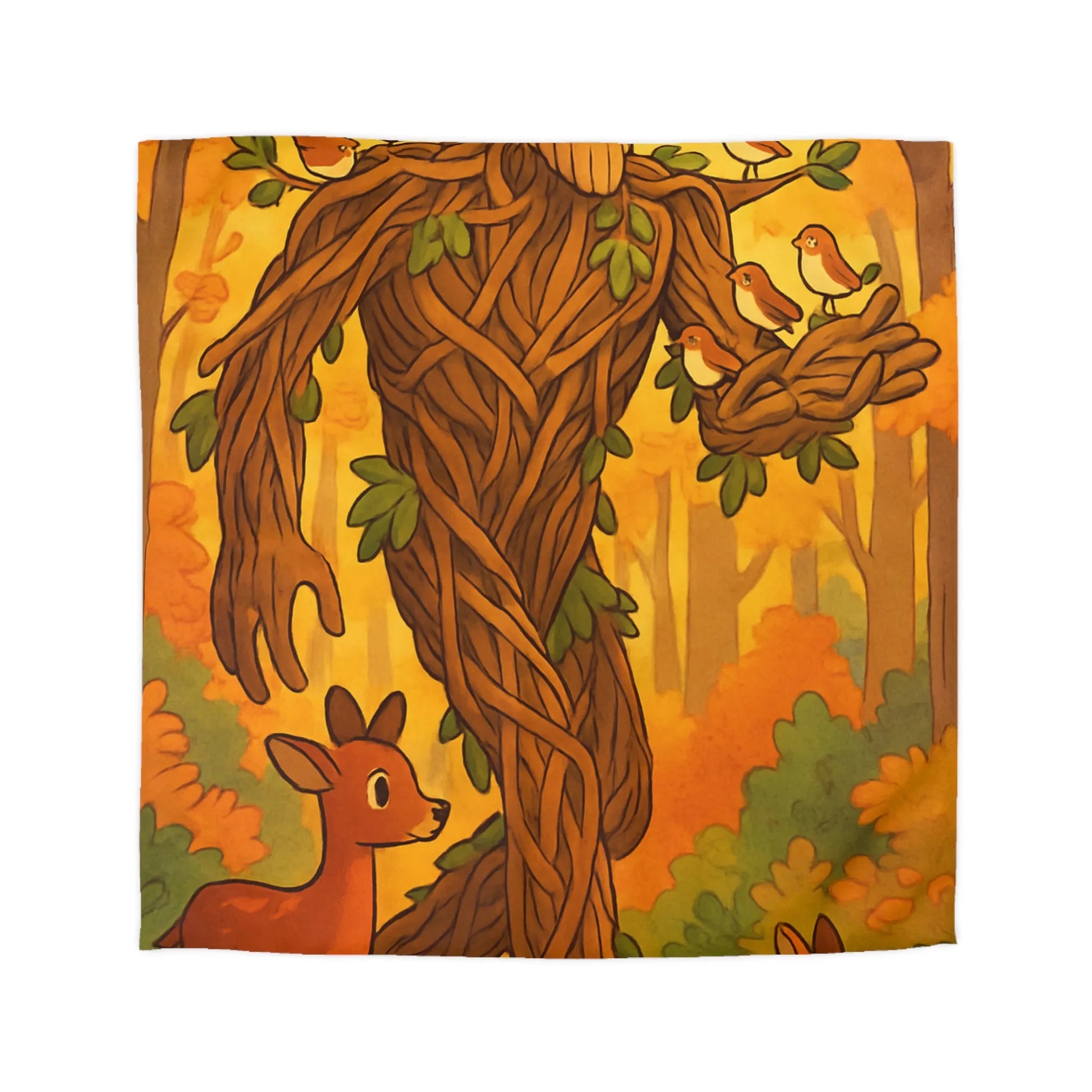Housse de couette enchantée avec arbre humanoïde et animaux de la forêt colorés