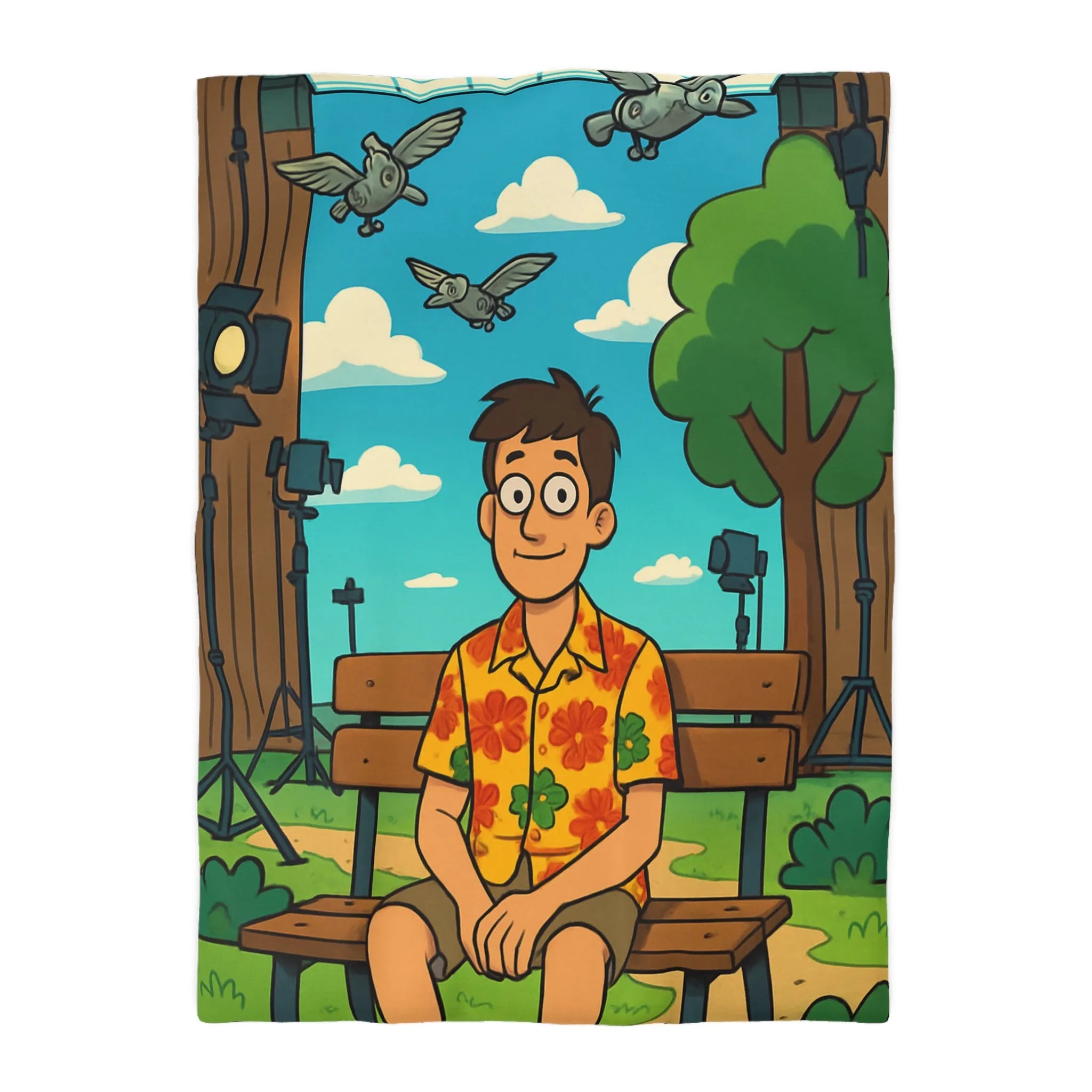 Housse de couette amusante avec motif de banc, homme et oiseaux volants