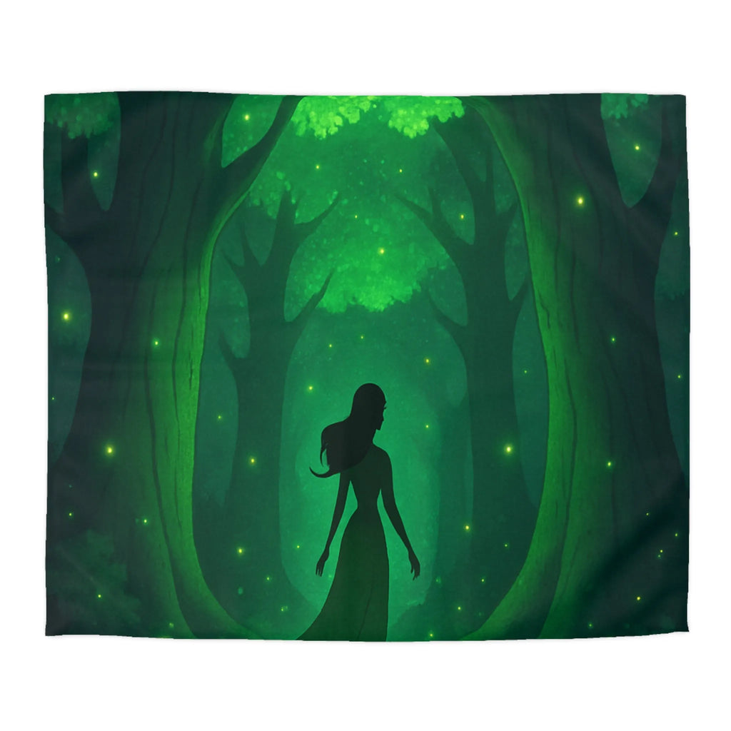 Housse de couette forêt enchantée avec silhouette élégante et lumières scintillantes vertes