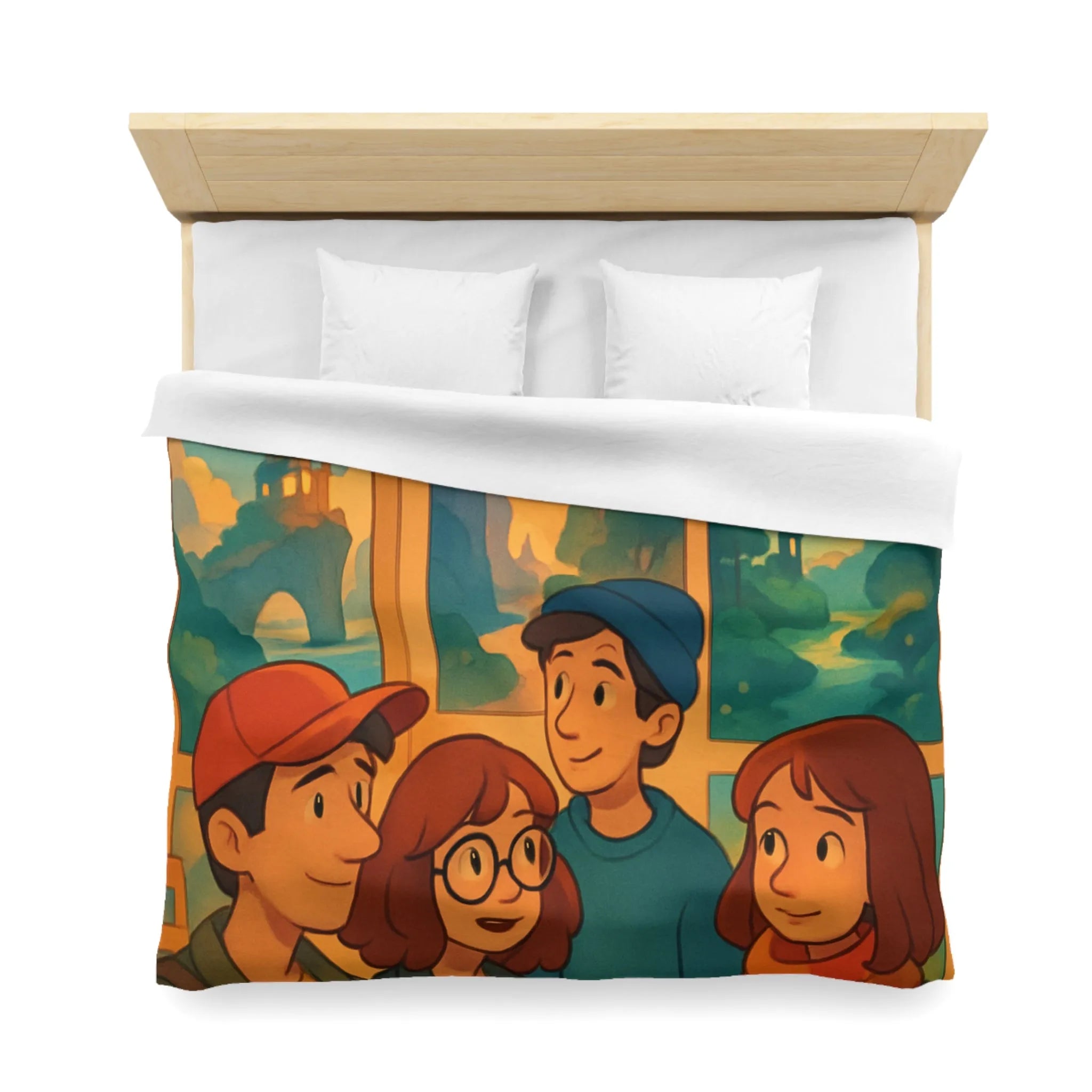 Housse de couette colorée avec paysages enchanteurs et personnages stylisés en exposition artistique